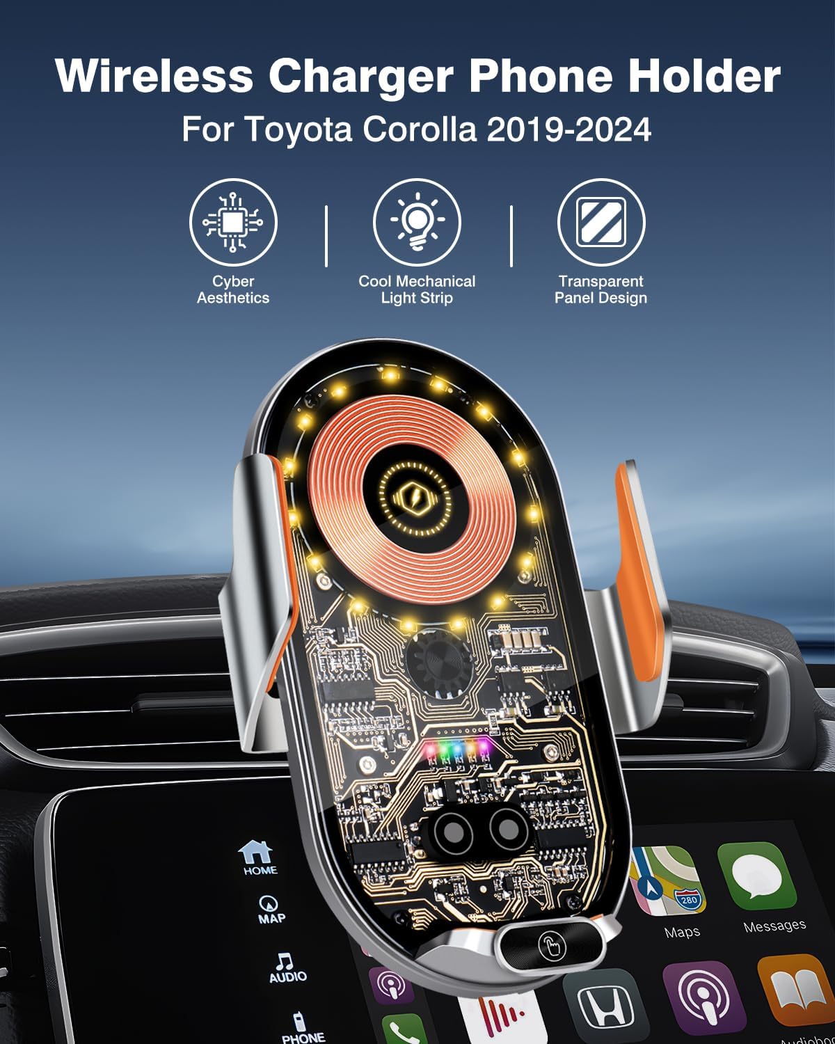 Mixsuper Liner Car Phone Holder for Toyota Corolla 2019-2023 2024, Phone Mount for Corolla Wireless Car Charger Auto-Clamping 15W Air Vent Phone Holder with USB-C Cable