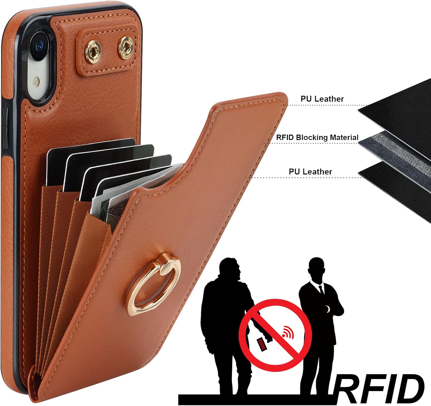 Folosu Compatible with iPhone XR Case Wallet with Card Holder, 360°Rotation Finger Ring Holder Kickstand Protective RFID Blocking PU Leather Double Buttons Flip Shockproof Cover 6.1 Inch Brown
