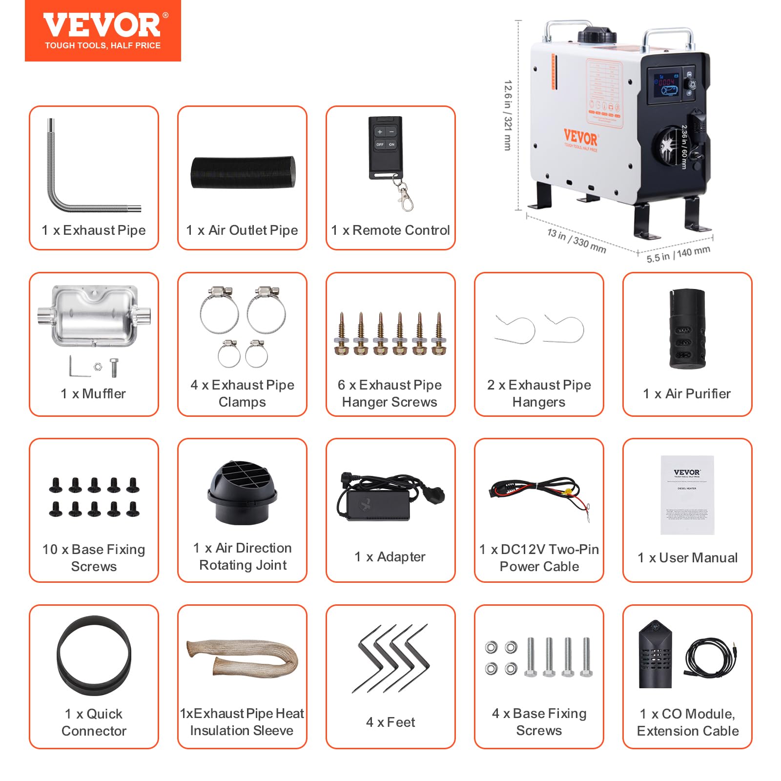 VEVOR Calentador Diésel Portátil 2 kW Todo en Uno de 12 V/24 V, con Control por Aplicación Bluetooth, Control Remoto y Pantalla de Visualización, Alarma de CO, Calentamiento Rápido para Vehículos