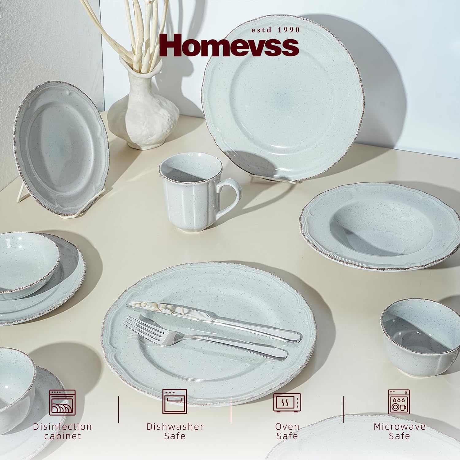 20pc Dinnerware Set, Plate and Bowl Set, Stoneware Dishes Set for 4, Microwave and Dishwahser Safe, Scratch Resistant, French Countryside Speckled Antique Grey - Image 3