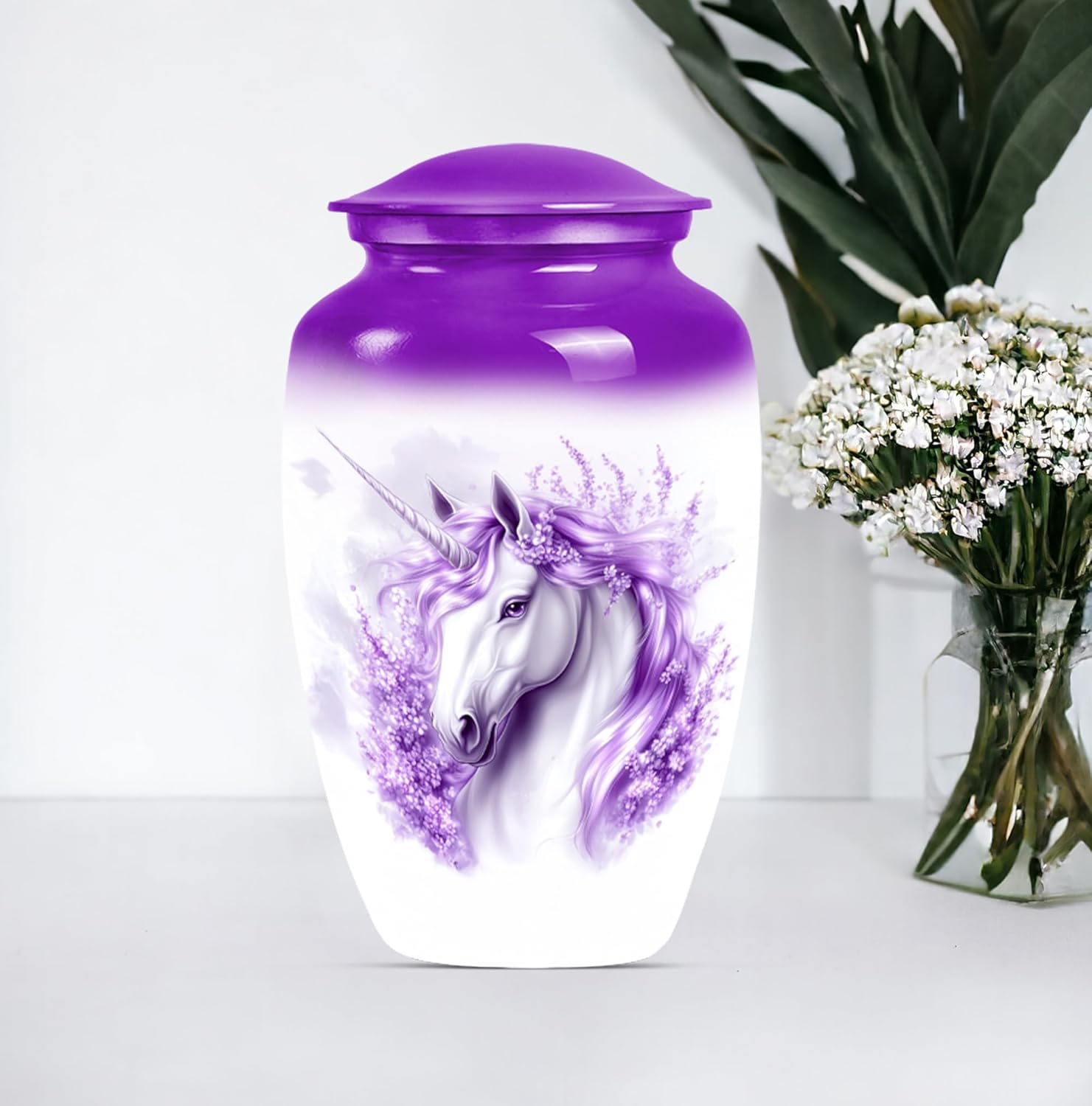 Unicorn Urn, Large Aluminum Purple Unicorn Decorative Urn for Adult Human Ashes, 10 inch, 220 lb Capacity, Removable Lid
