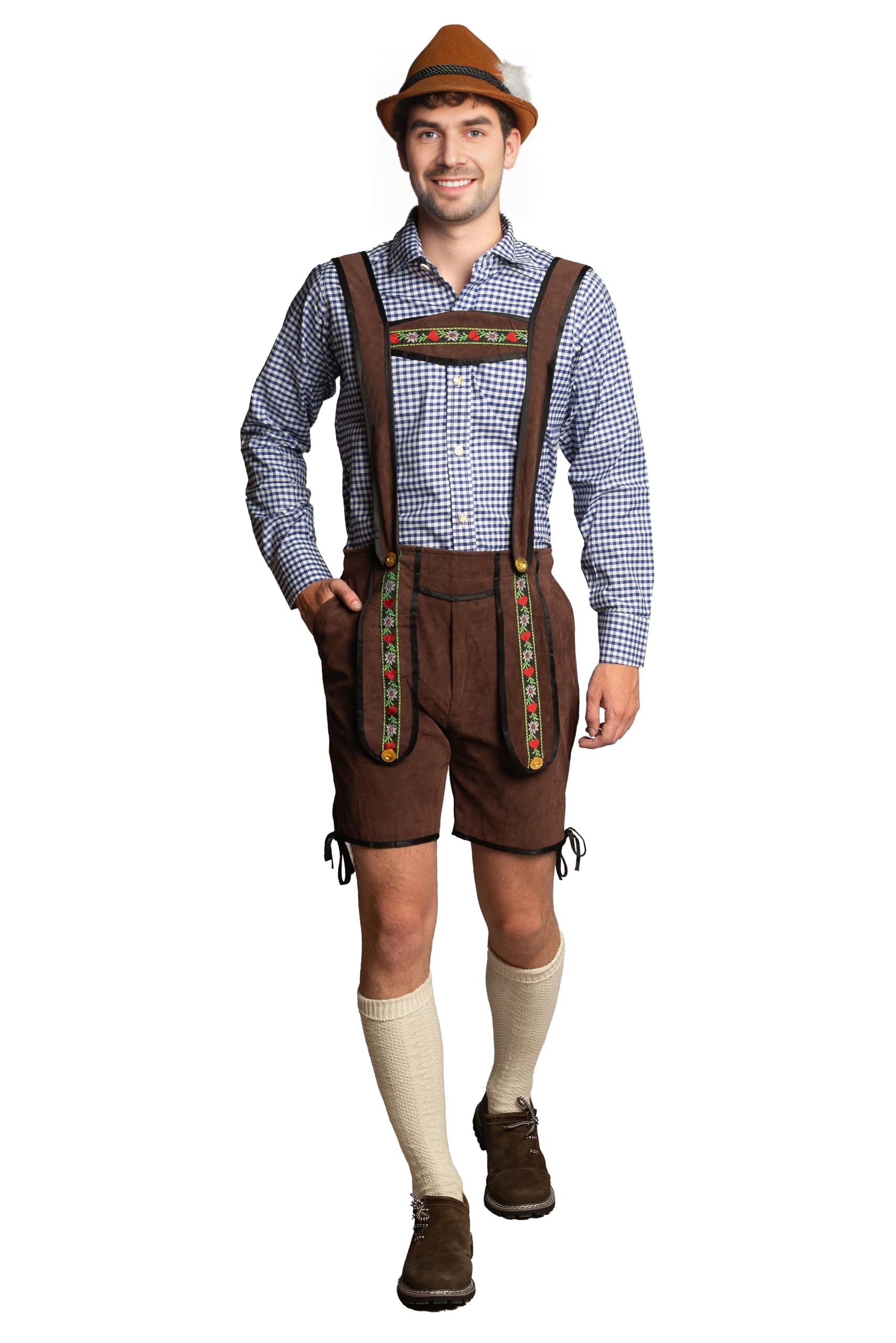 Partychimp Oktoberfest Homme's Lederhosen et chemisier (Courte Marron Foncé Polyester Lederhosen avec bretelles + Oktoberfest Chemise Bleu or Rouge) - Taille S à 2XL