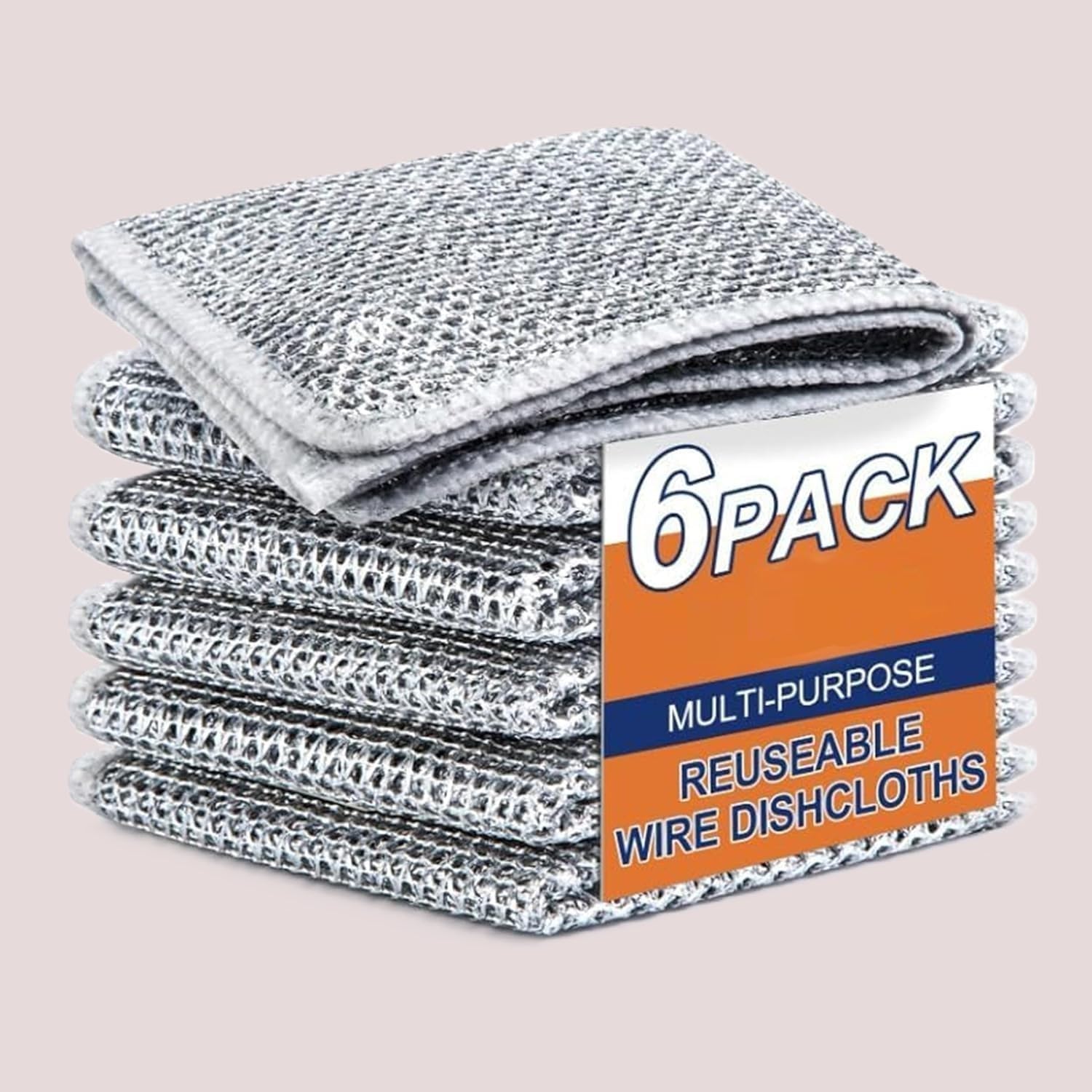 FLASHFOX 6 Pcs Non-Scratch Steel Wire Dish Wash Cloth – Durable Dishwashing Rags for Wet & Dry Cleaning – Stainless Steel Scrubber Cloth for Pots, Pans, Utensils & Kitchen Cleaning