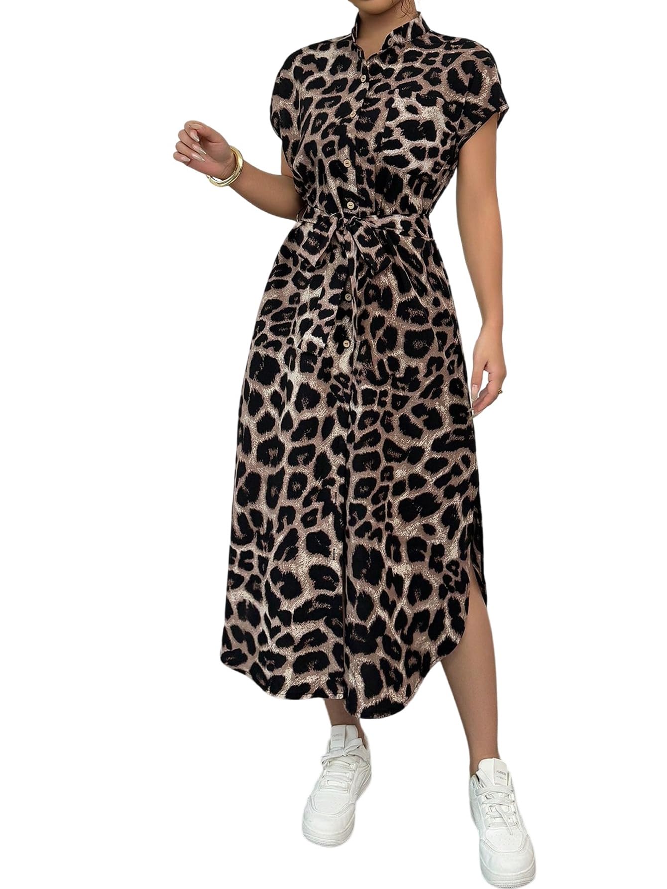 SweatyRocks Blusenkleid Damen Sommer Lang Leo Kleid Maxikleider Sommerkleid Shirtkleid Mit Tasche Business Outfit Leoparden Kleider Mit Knöpfen