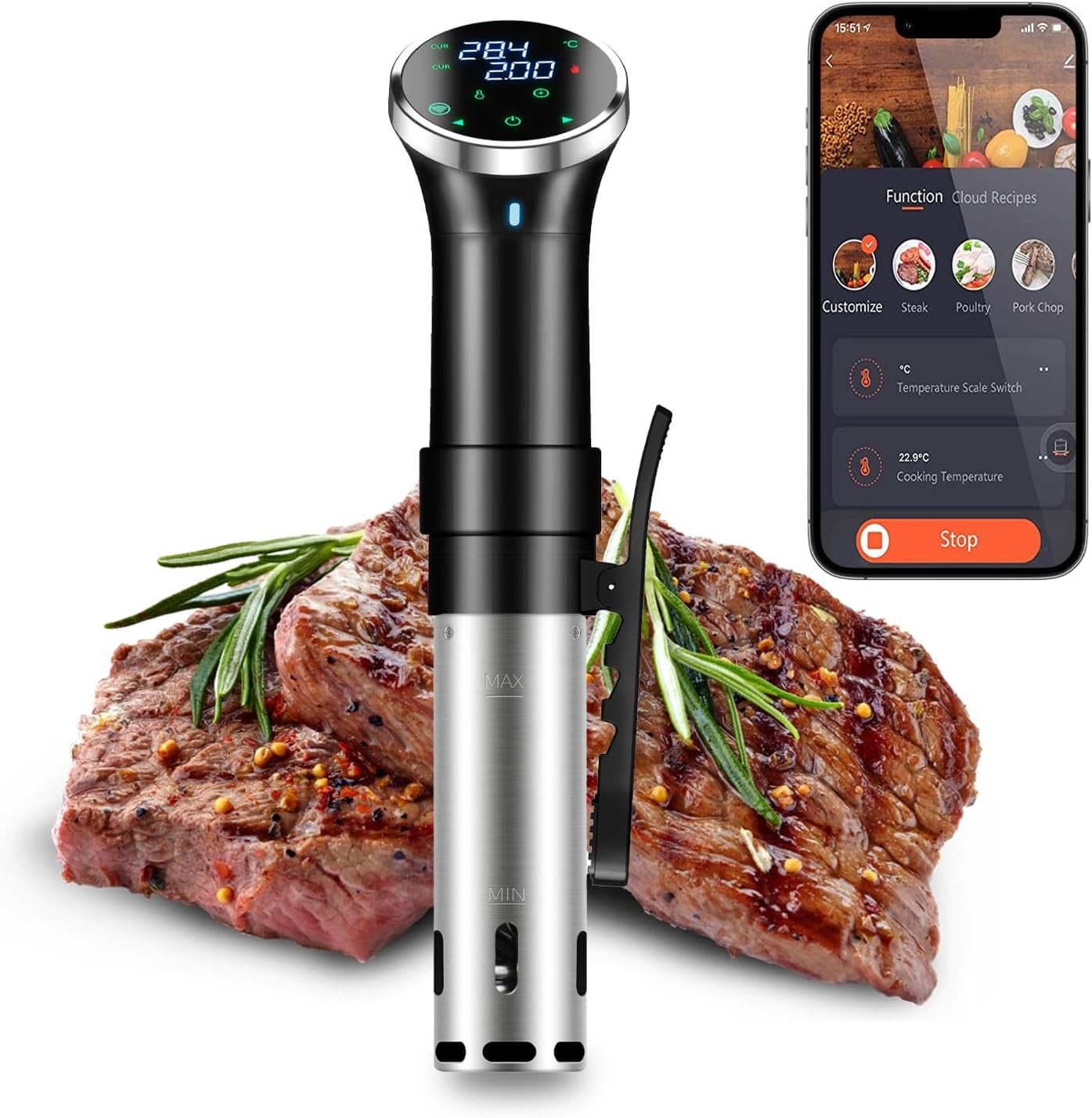 WiFi Sous Vide Cooker with APP Control,1100W Sous Vide Immersion, 3D Heating& LED Display for Home Chefs and Beginners, Party, Temperature Range 77-203℉ Ultra-Quiet Slow Cooking Sous-vide APP Control