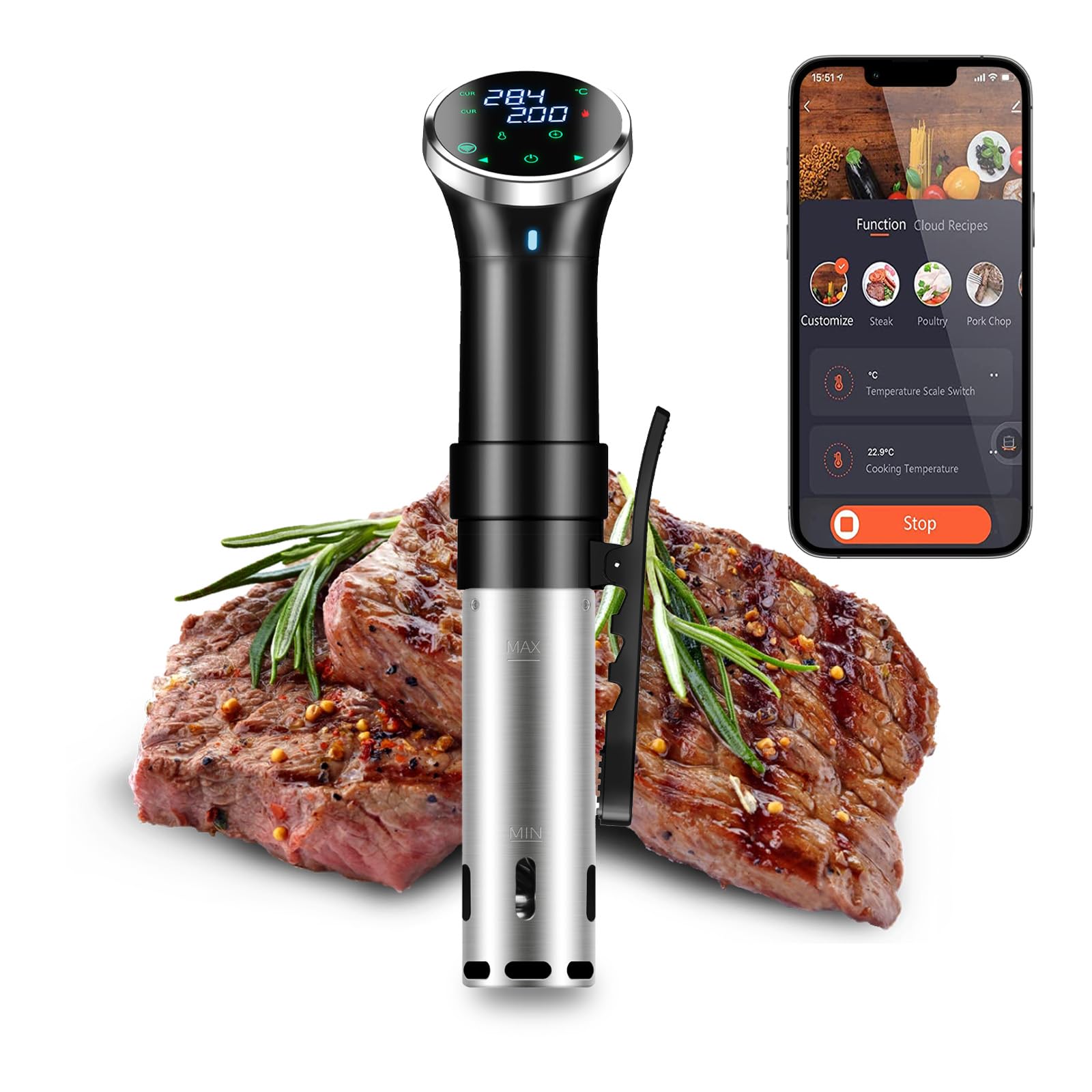 WiFi Sous Vide Cooker with APP Control,1100W Sous Vide Immersion, 3D Heating& LED Display for Fathers Day Kitchen Gifts for Men,Temperature Range 77-203℉ Ultra-Quiet Slow Cooking Sous-vide APP Control