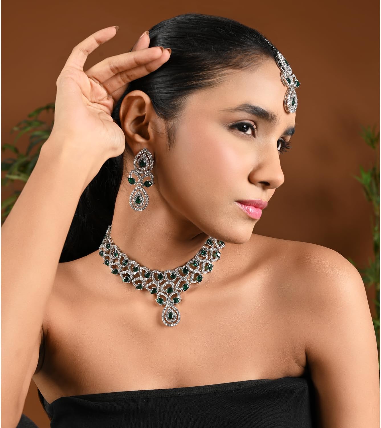 I Jewels Silver Plated Crystal Diamond Necklace & Earrings Jewellery Set for Women