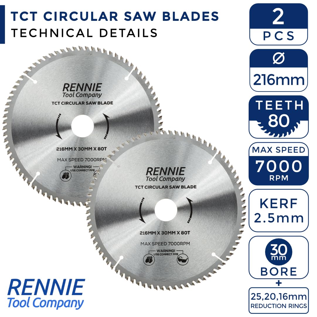 Confezione da 2) 216 mm x 30 mm foro x 80 T TCT lame circolari per legno include anelli di riduzione 16 mm 20 mm e 25 mm