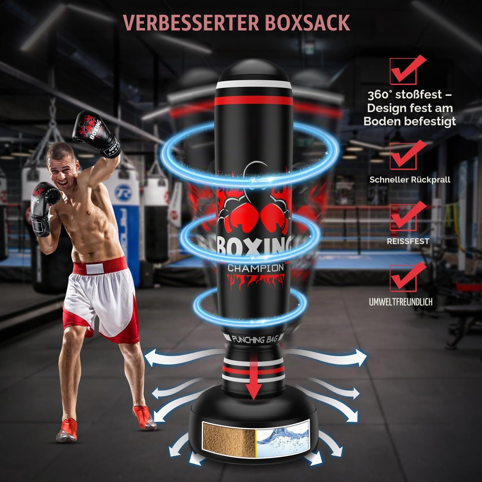 IMAYCC Boxsack Stehend Erwachsene&Kinder, Mit PU Boxhandschuhe, Upgrade Verdickt 180CM Hochwertiges PVC Boxing Bag für Teenager, Punching Bag für Muay Thai, Taekwondo,MMA,Box Training,Sandbag Fitness.
