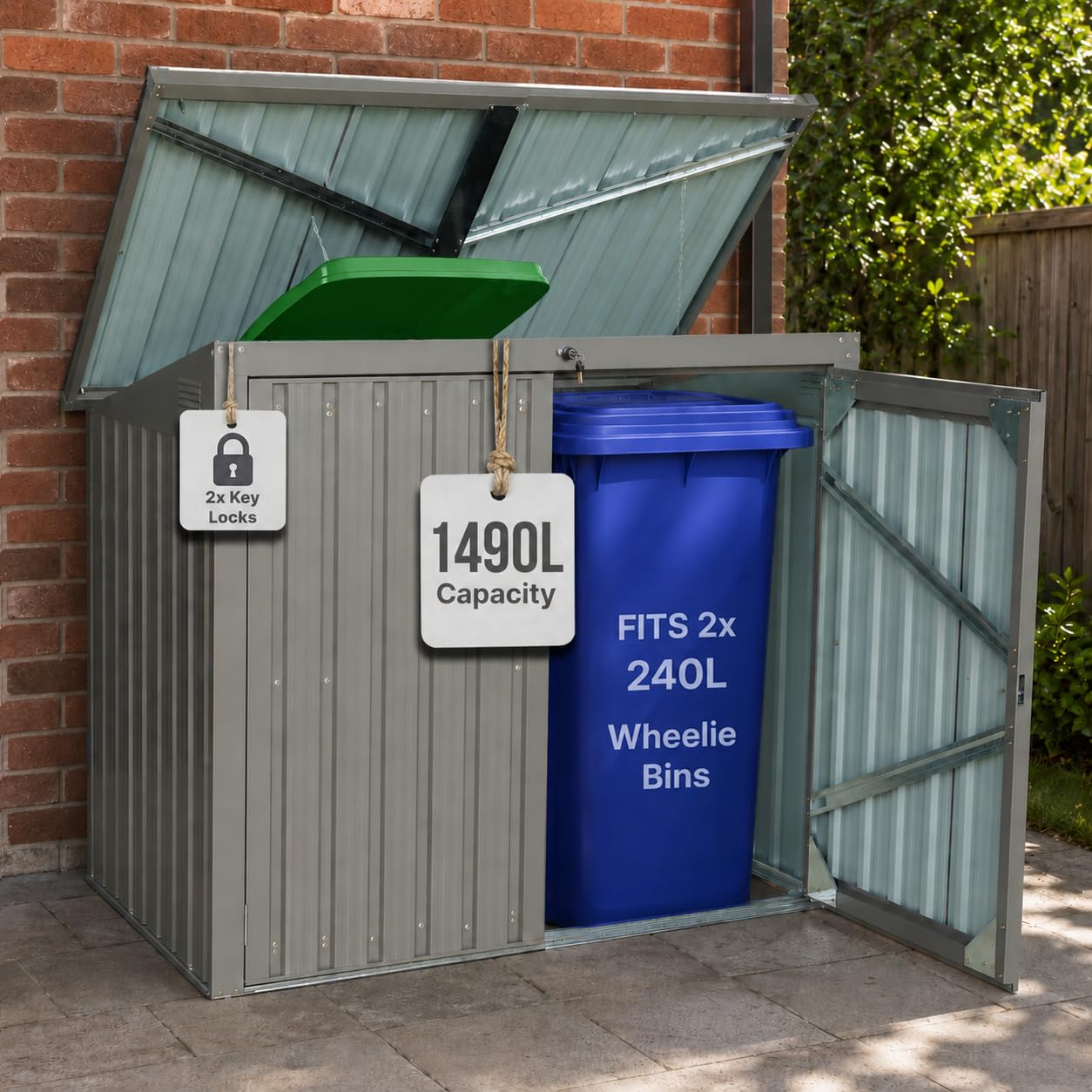 Olsen & Smith 1490L 3x5ft Metal Wheelie Bin Storage Shed for 2x 240L Bins