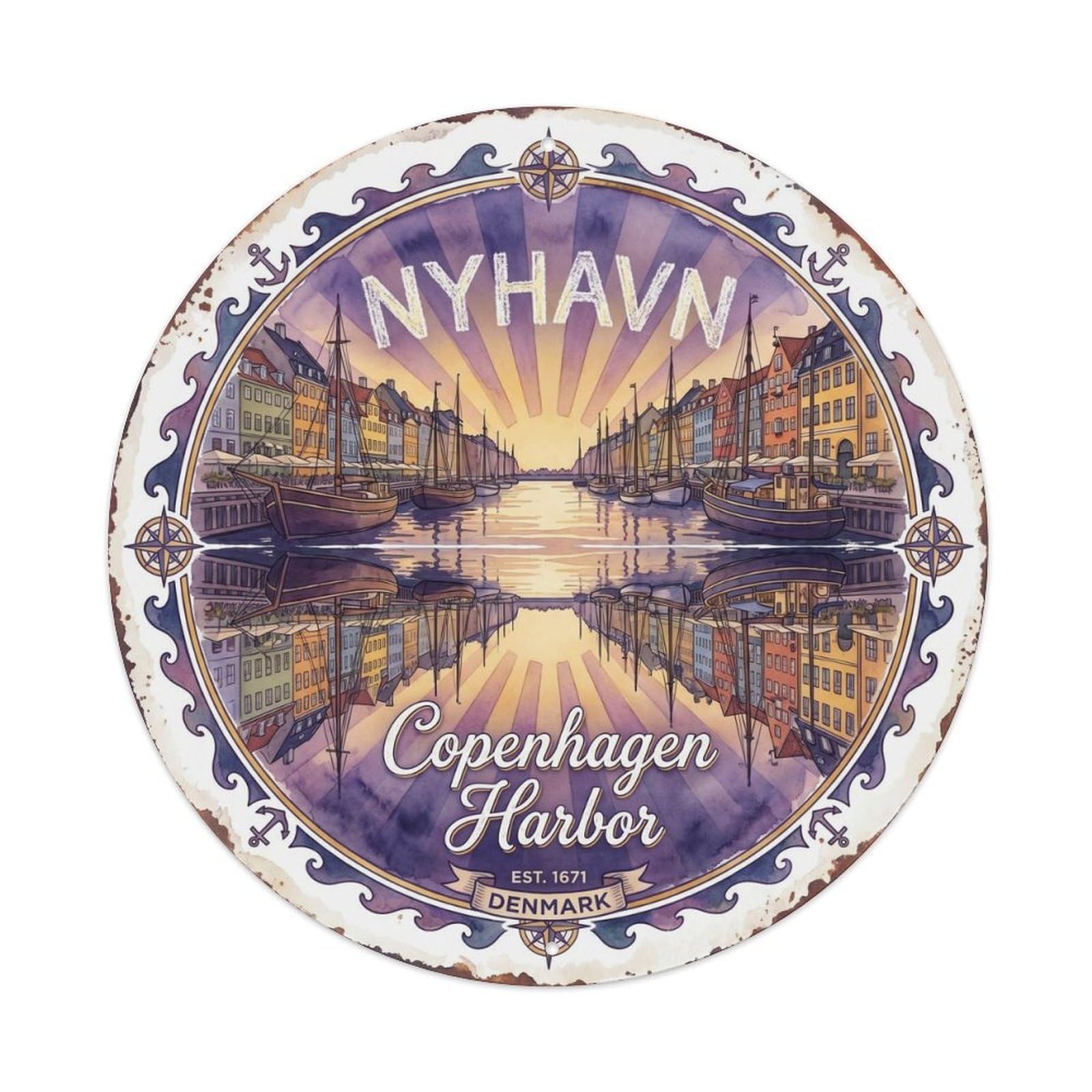 Vintage Travel Nyhavn Copenhagen Artwork Metal Tin Sign Plaque Wall Decor for Cafe, Club, Garden Round Metal Poster 8x8Inch