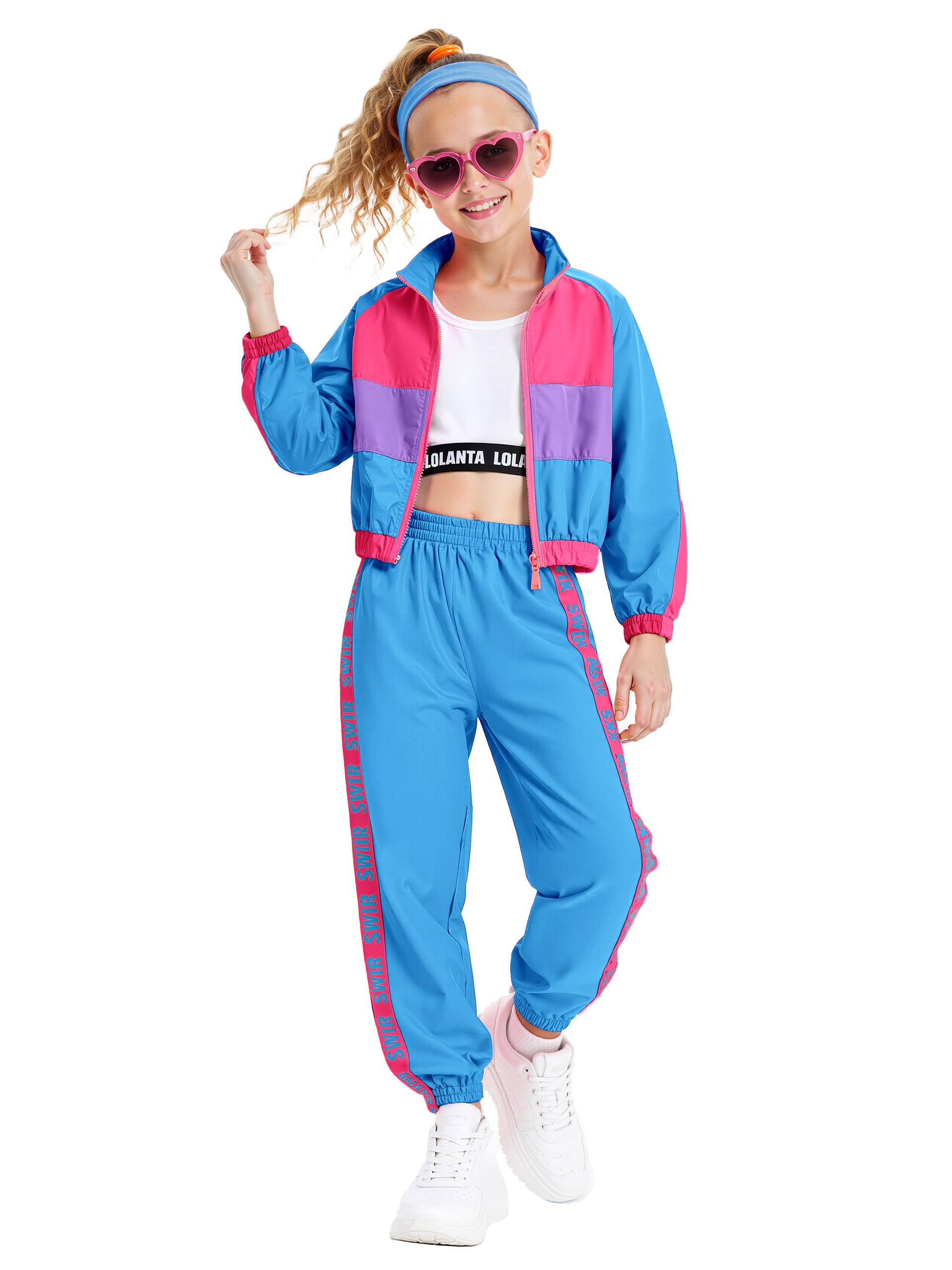 LOLANTA 3 pezzi vestiti hip hop per ragazze, tuta colorblock retrò anni '80, canotta corta, giacca con cerniera, pantaloni jogger 4-13 anni