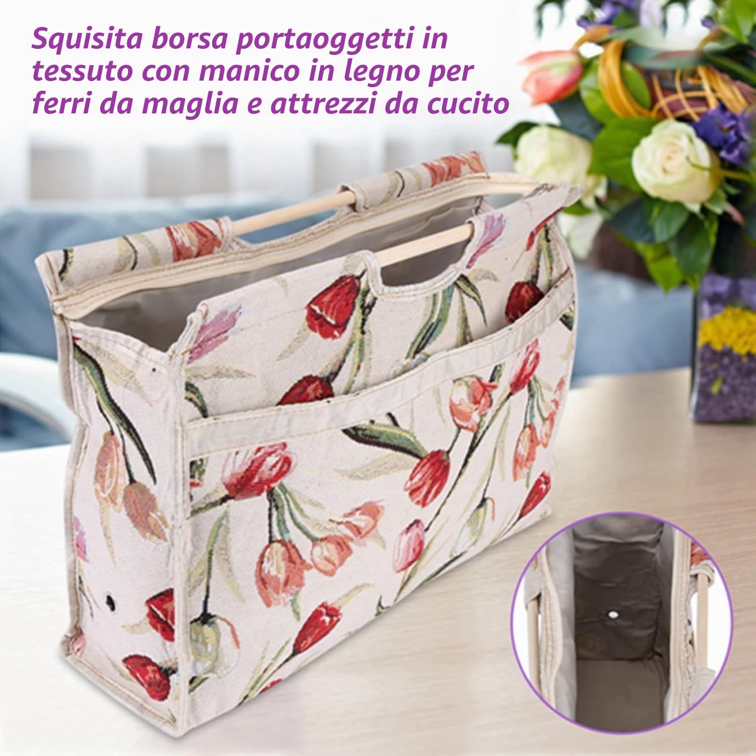 Borsa Tote per Maglia 1 Pezzo con Manico in Legno, Porta Progetti Portatile per Aghi e Matassine, Fiore Rosso, per Cucito e Lavori a Maglia in Casa