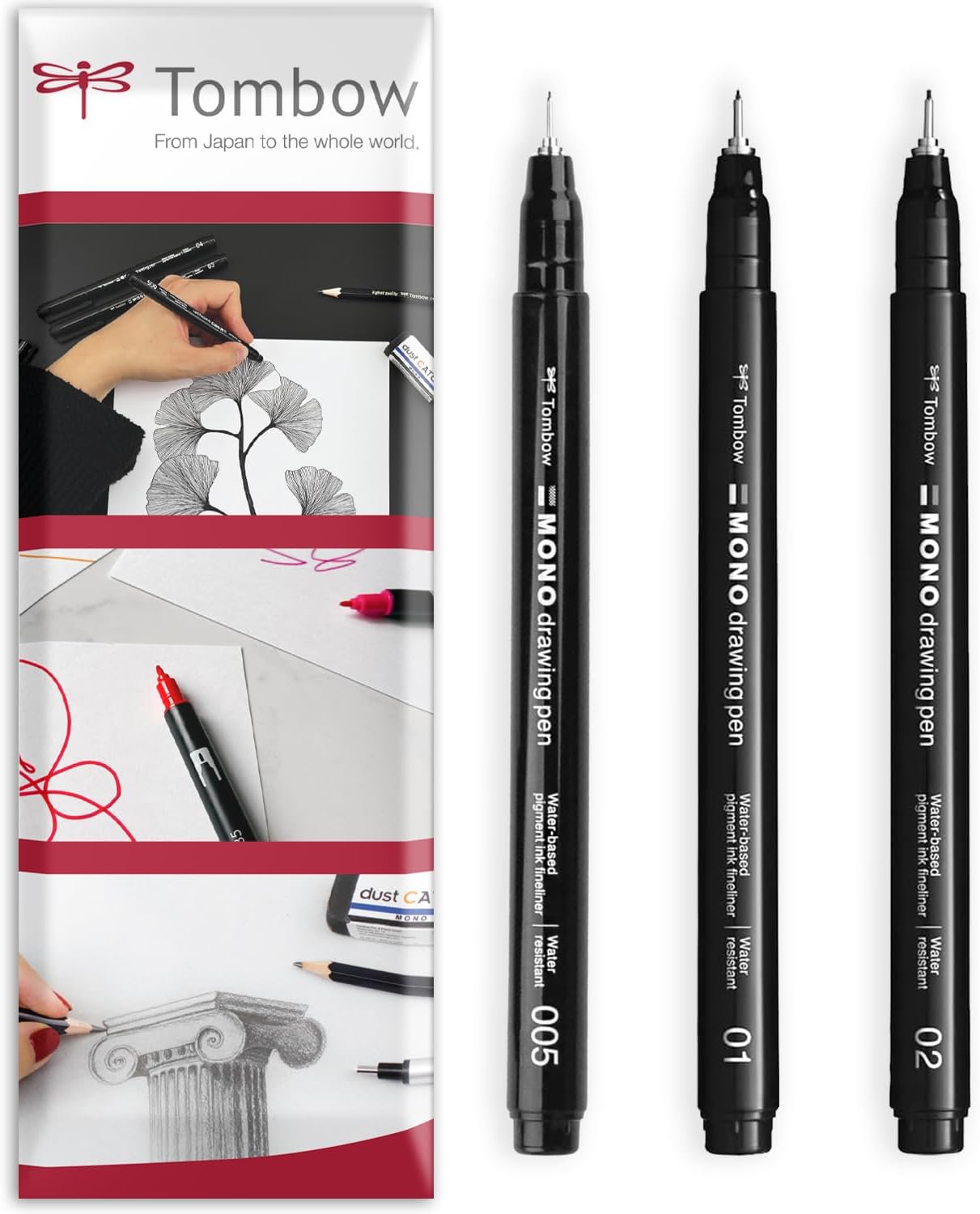 Tombow MONO Drawing Pen Fineliner - Water and Light Resistant - 0.05/0.1/0.2mm - Black Ink - Pack of 3 In Envelope Gift Packaging