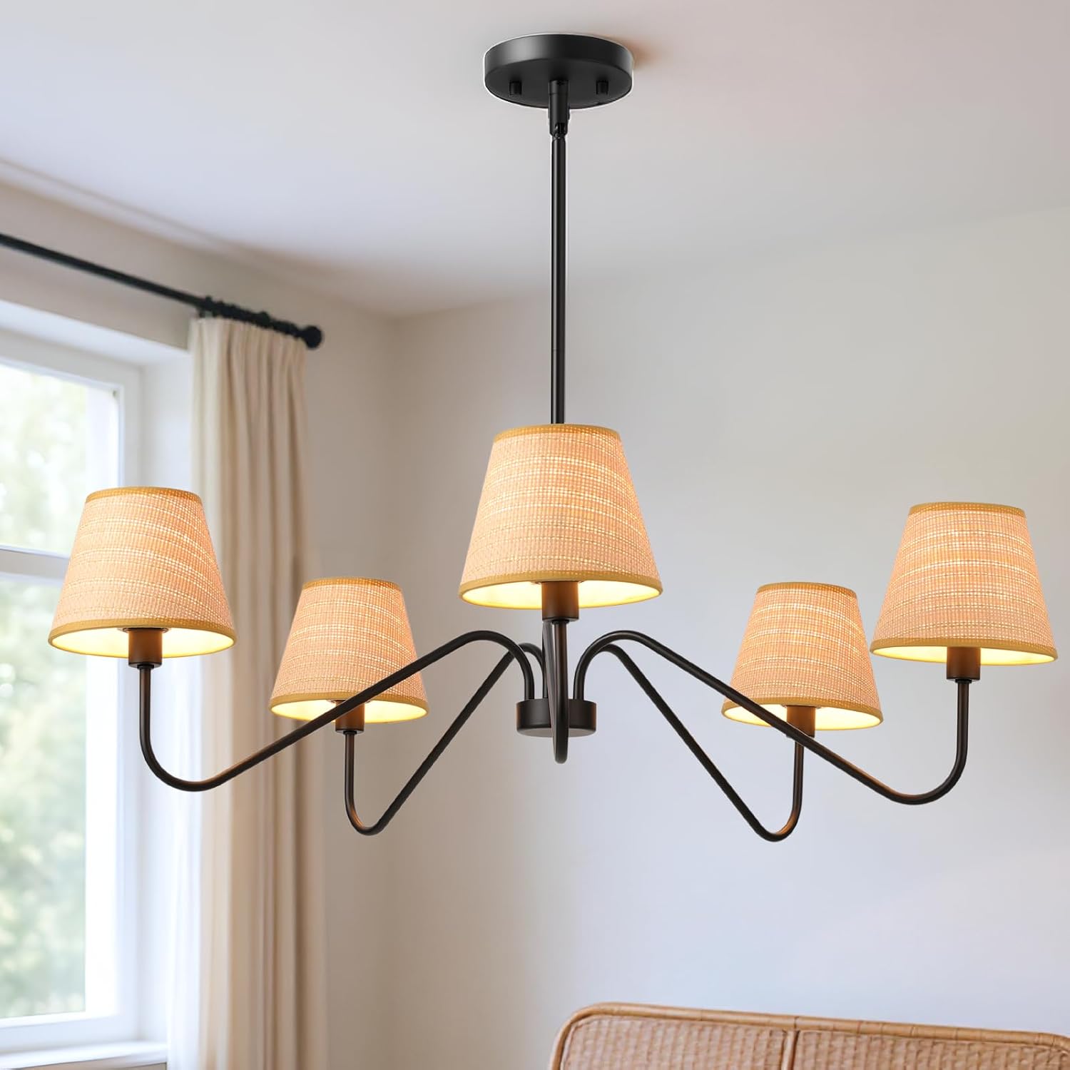 Chandeliers for Dining Room 5-Light with Extension Rods, 34 Inch Boho Rattan Chandelier Farmhouse Light Fixture, Boho Light Fixtures ceiling for Living Room, Foyer, Kitchen Island, E12 Base(Black)