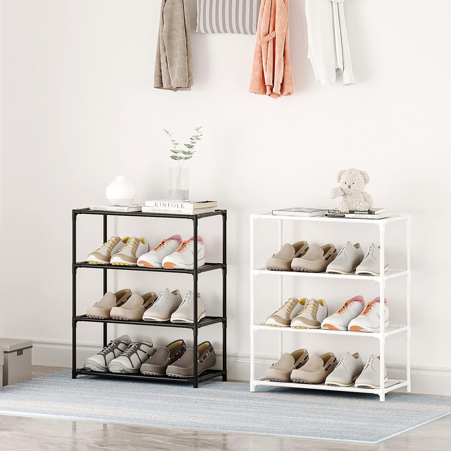 Small Shoe Rack 6-8 Pairs Sturdy Shoe Shelf 4-Tiers Narrow Stackable Shoe Organizer,Lightweight Kids Shoe Racks for Entryway, Doorway and Closet(White)