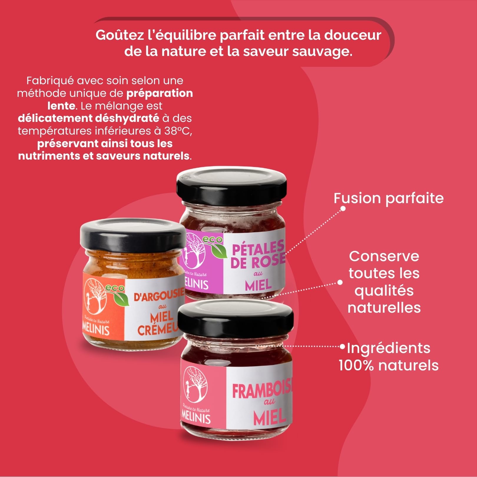 Coffret 3 × 40 g Crèmes de Miel Bio – Acacia à l’Argousier, à la Framboise et à la Rose – Sans Sucre Ajouté – Pour Petit-Déjeuner, Desserts ou Cadeau – Melinis