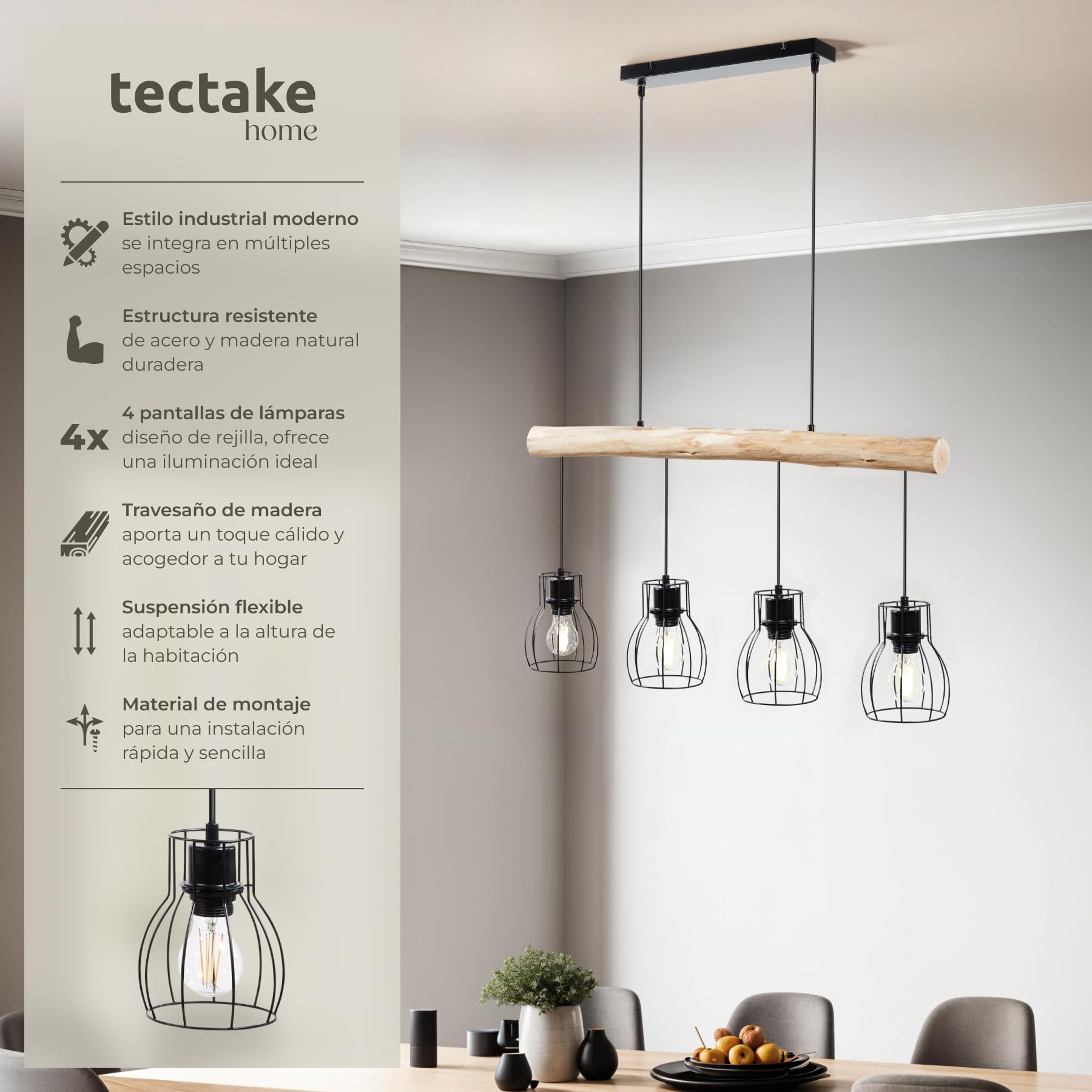 tectake® Lámpara colgante con 4 luces, estilo industrial moderno, con viga de madera rústica y rejilla de acero, suspensión ajustable, lámpara de techo ideal para salón, comedor, dormitorio o pasillo