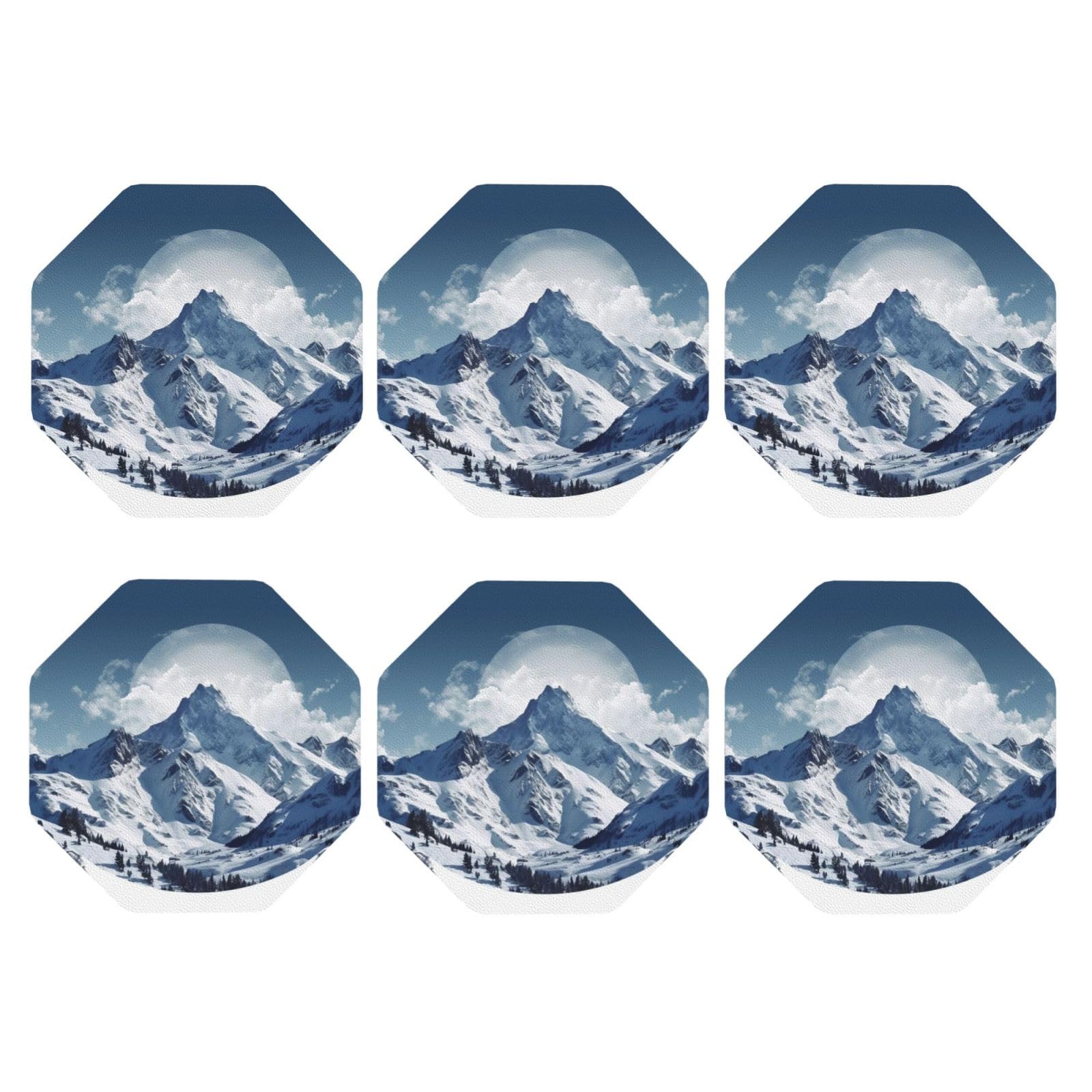 6pcs Leather Coasters for Drinks, Snow Mountain Drink Coasters for Tabletop Protection, 4" Cup Coasters for Coffee Table Decor, Non-Slip Drinking Cup Mat for Hot Or Cold Drink