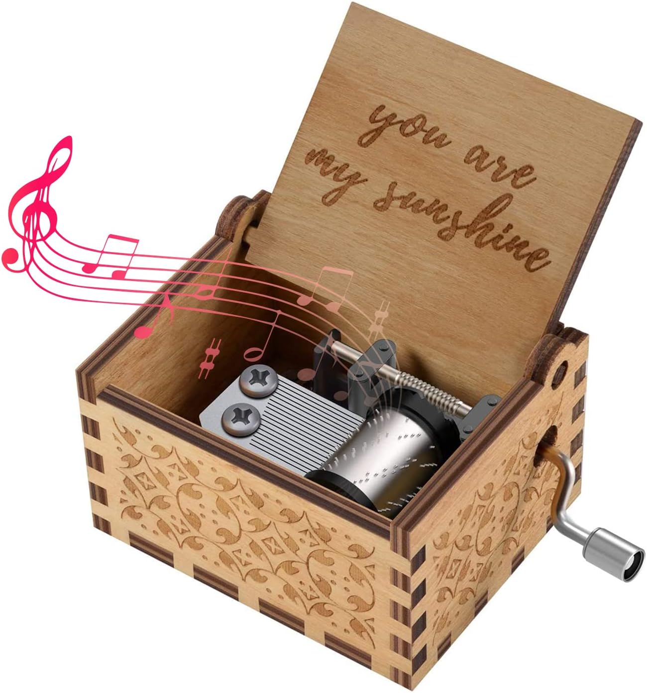 JZS Wood Music Boxes,Laser Engraved Vintage Wooden Sunshine Musical Box Gifts for Birthday/Christmas/Valentine's Day (You are My Sunshine Hand Crank Music Box)