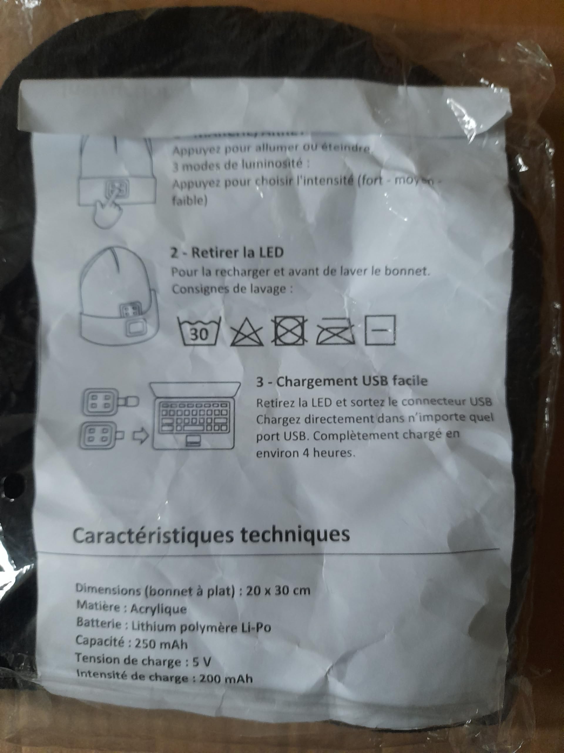 Berretto con lampada frontale a LED USB ricaricabile grigio