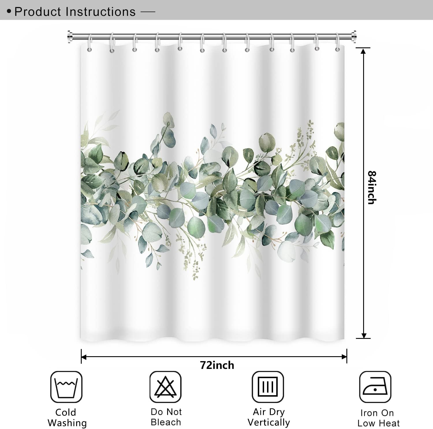 Green Eucalyptus Leaves Shower Curtain Watercolor Leaf Modern Minimalist Bathroom Decor Shower Curtain Extra Long 84 Inch Polyester Waterproof Unique Tub Curtain with 12 Hooks
