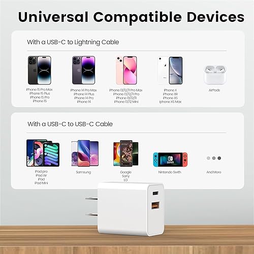 Vista 16 de Cargador rápido para iPhone, [certificado Apple MFi] esbeecables de 20 W de doble puerto PD3.0 USB-C + QC3.0 USB-A cargador rápido de pared con 2