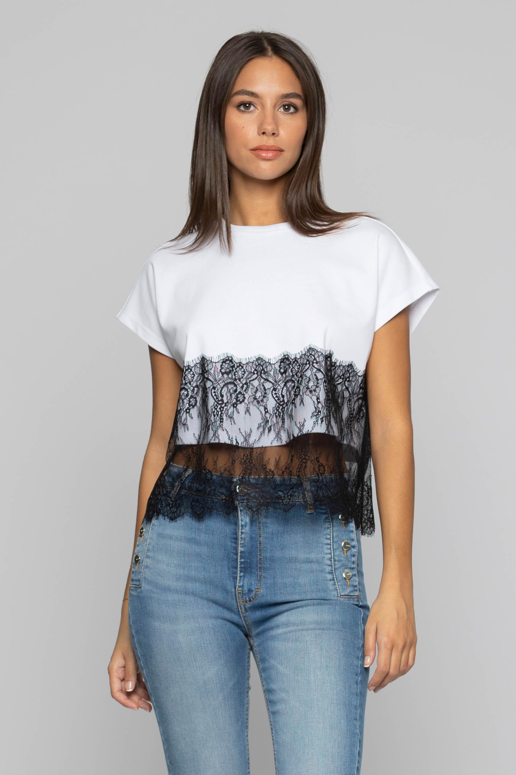 Kocca Camiseta de mujer con efecto doblado de encaje, mod. Bemnac