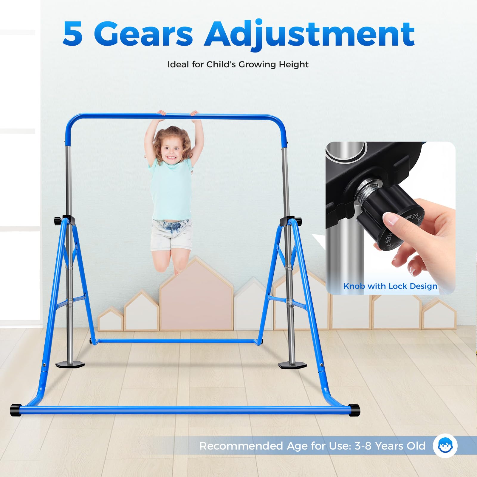 Barra de gimnasia para niños, barra de gimnasia para jardín, niños, altura ajustable, 5 alturas ajustables, para 3-8 niños y niñas, dispositivo de entrenamiento de hasta 100 kg, color azul