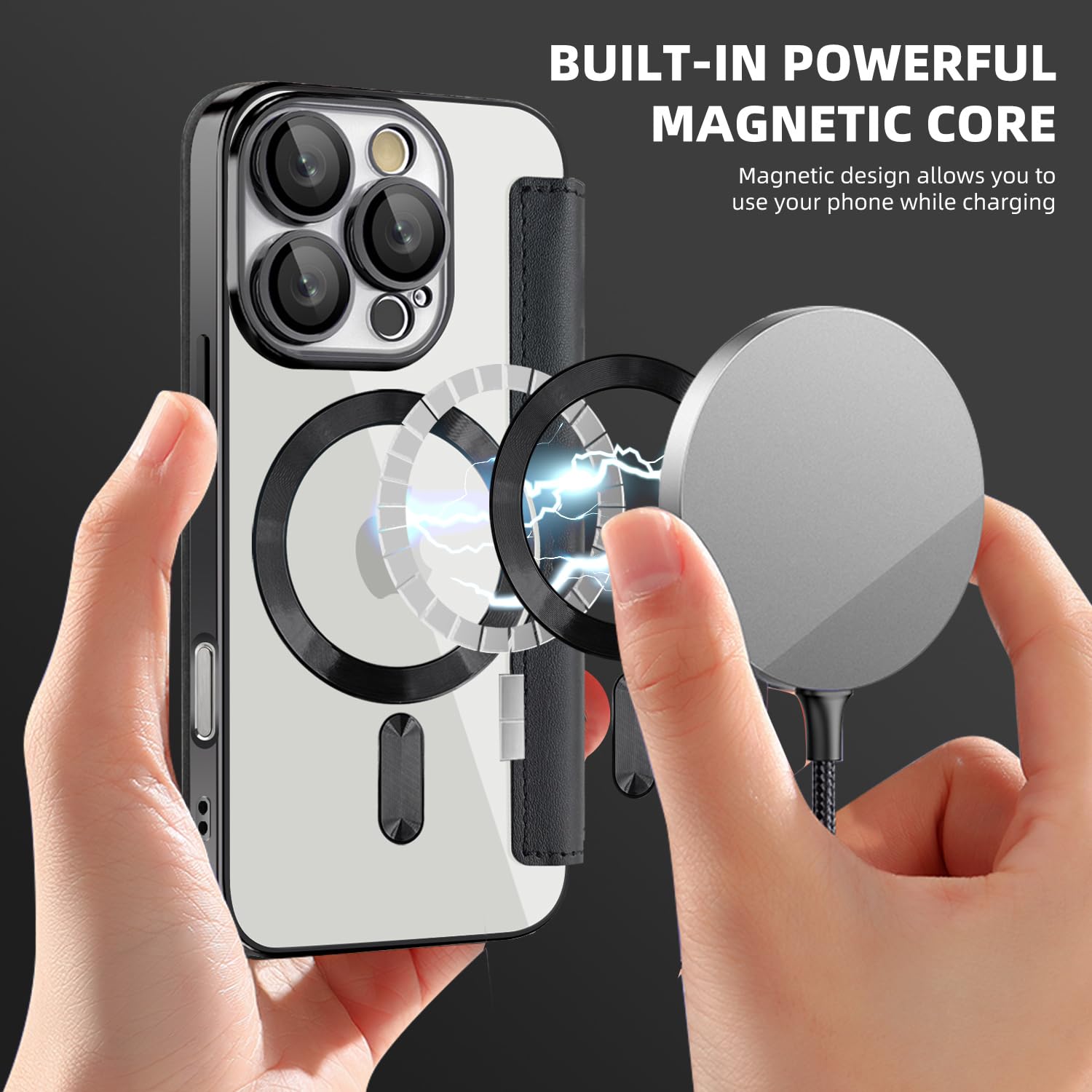 Unichthy Flip Case for iPhone 16 Pro Max Clear Cover Support MagSafe, Black - Image 2