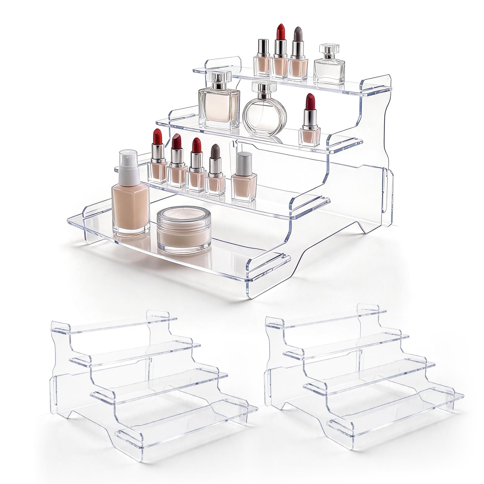 PEAPIN 2 Pack 4-Tier Clear Acrylic Display Stand, Acrylic Riser for Display, L-Shaped Layered Display Shelves for Perfume, Cupcakes, Cosmetics, Desserts and Figures Toys