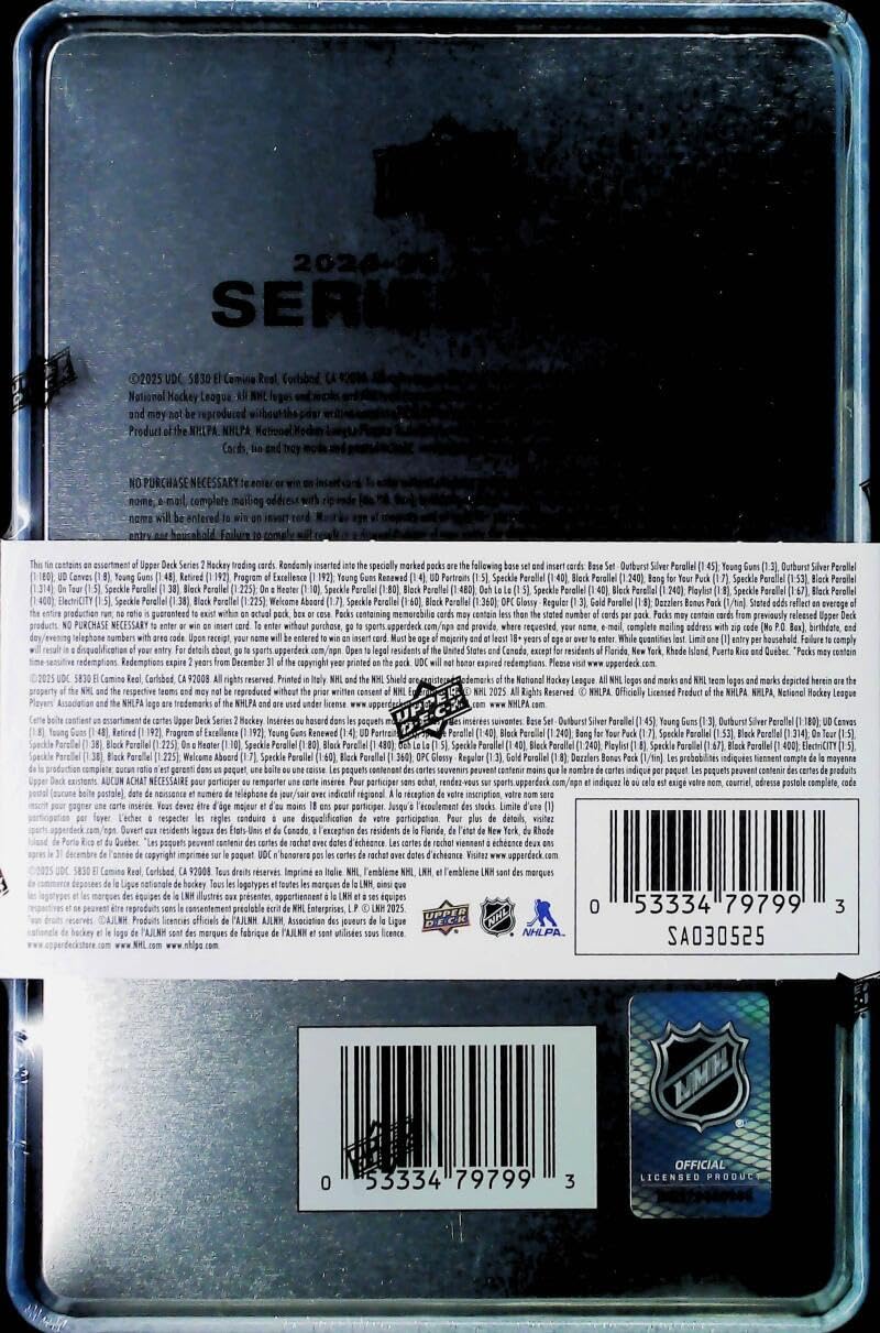 Upper Deck 2024-25 NHL UD SERIES 2 Hockey Factory Sealed Tin Box 8 Packs of 12 Cards, plus a Bonus 3-Card Pack of Stunning Dazzlers. Look for Young Guns Rookies - approximately 3 per tin.