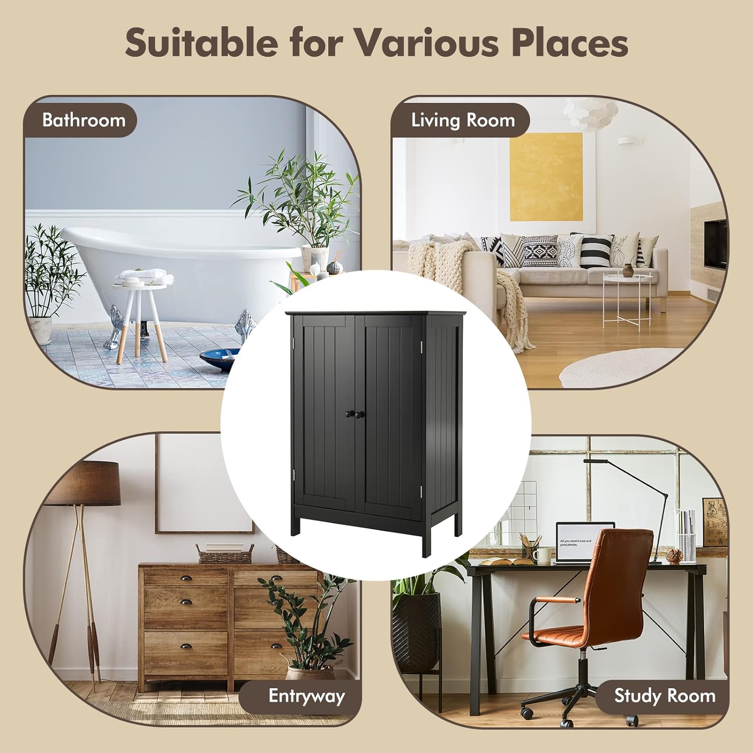 GLACER Bathroom Floor Cabinet, Wooden Storage Cabinet with Double Doors, Suitable for Bathroom, Living Room, Entryway, 23.5 x 14 x 34 inches (Black)