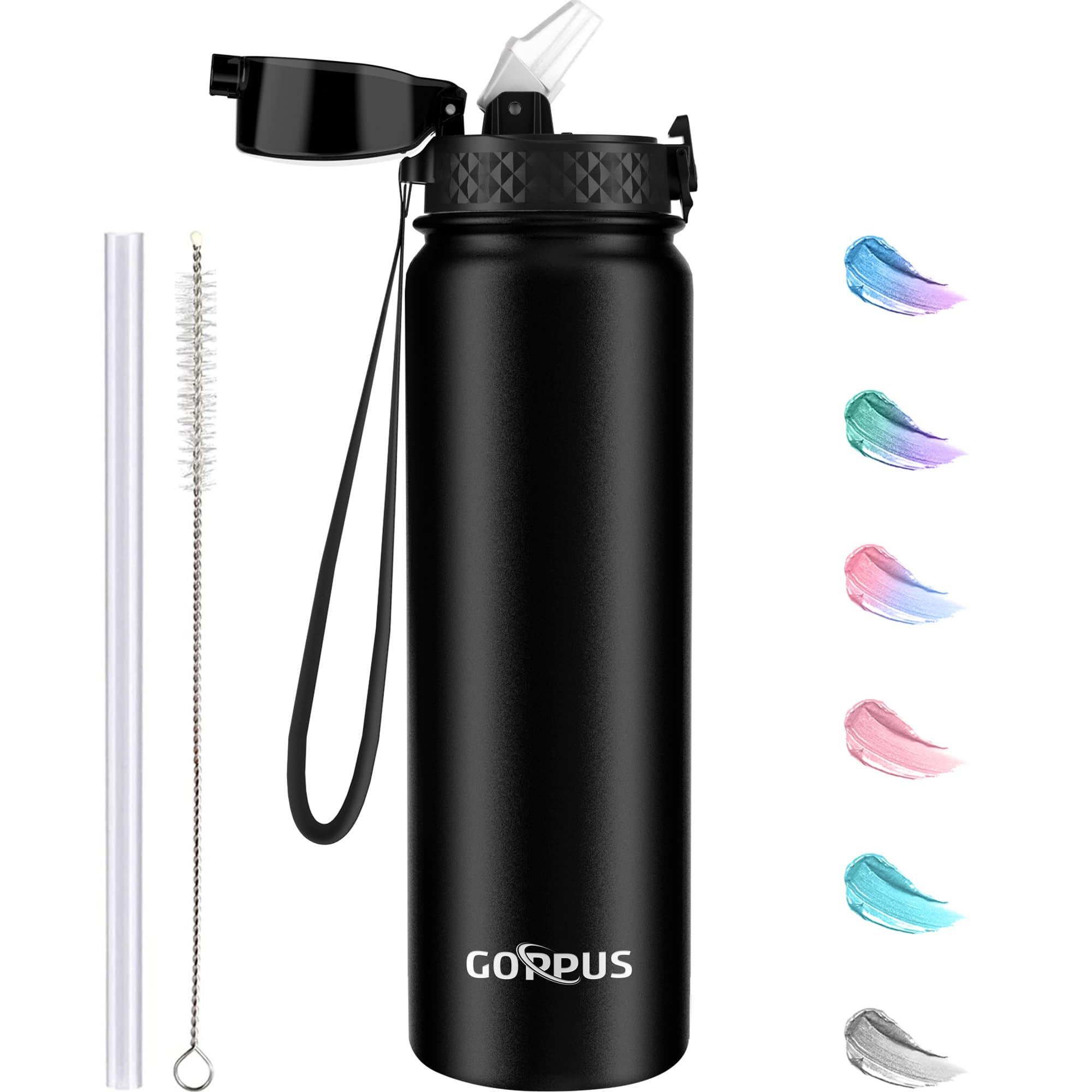 GOPPUS 1L/32oz Stainless Water Bottle with Straw Double Wall Insulated Bottles with Strap Reusable Vacuum Thermal Flask Leakproof Keep Cold Drinks Bottles with Flip Top Lid for Gym Men Women BPA Free