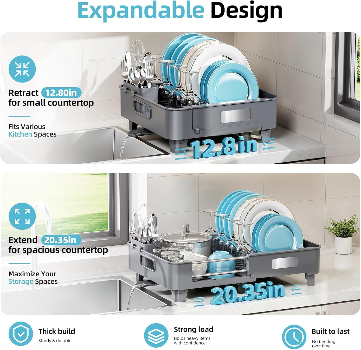 TOOLF Extendable Dish Drying Rack for Small Kitchen Counter, Gray image 3