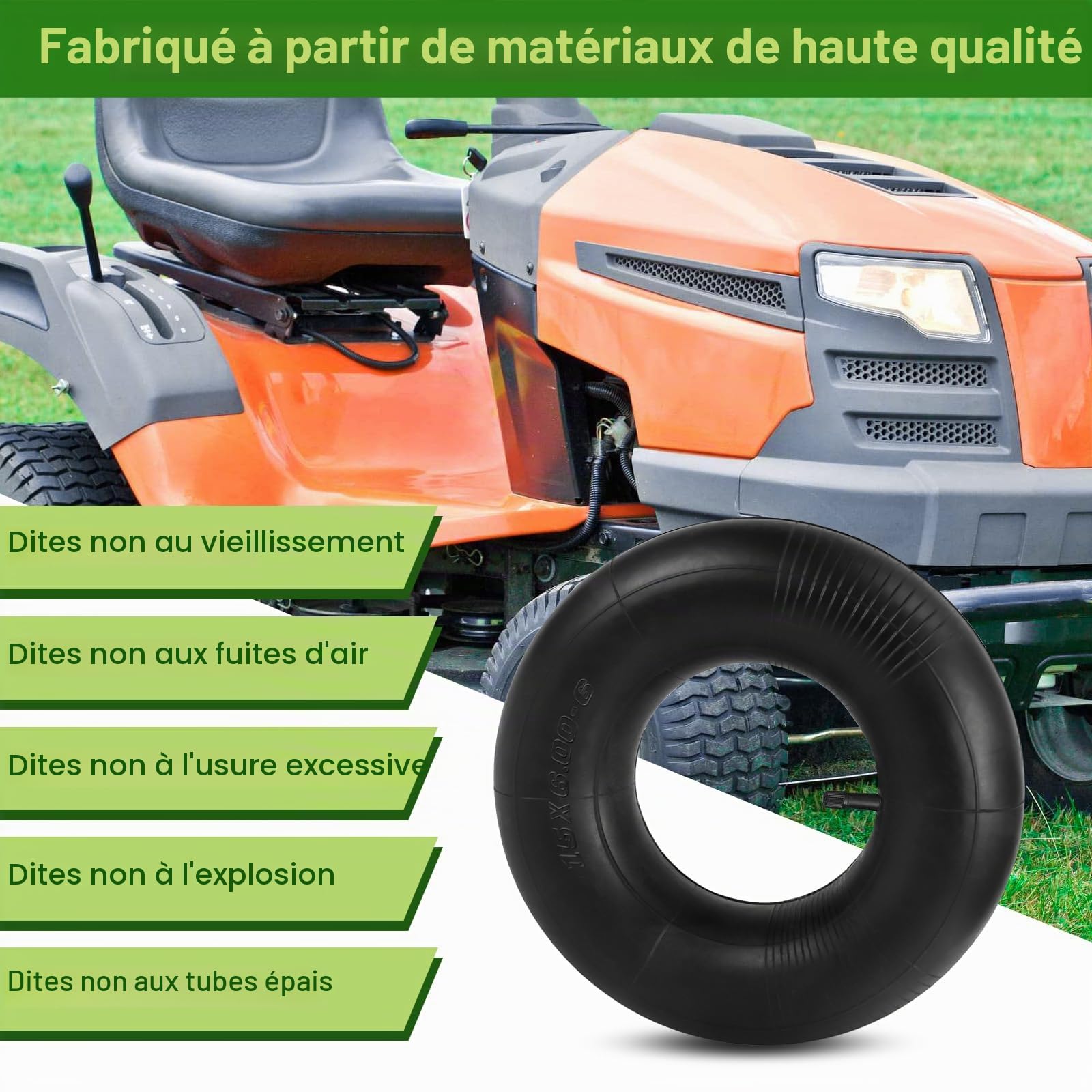 Lot de 2 chambres à air 15 x 6.00-6 pour tracteur pelouse avec tige droite TR-13, valve coudée pour pneus de diable, tondeuses à gazon, tracteurs de cour, VTT, brouettes, karts, chariots de golf