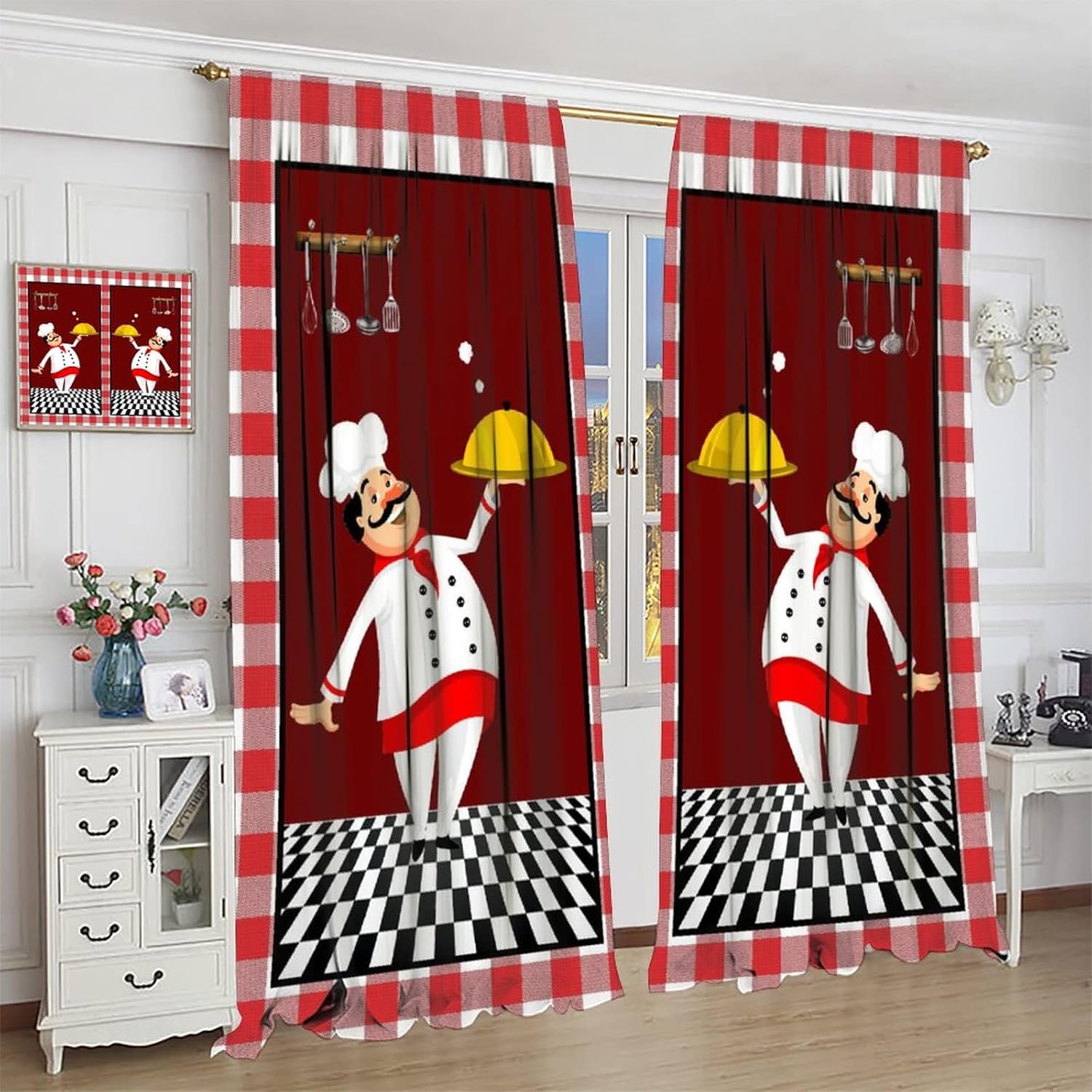 Kitchen Chef Tier Curtains, Cute Cartoon Chef Gourmet Knife Fork Red Black Check Plaid Rod Pocket for Bedroom Living Room Studio Dorm Curtain Window Curtain 2 Panels 42x45 Inch