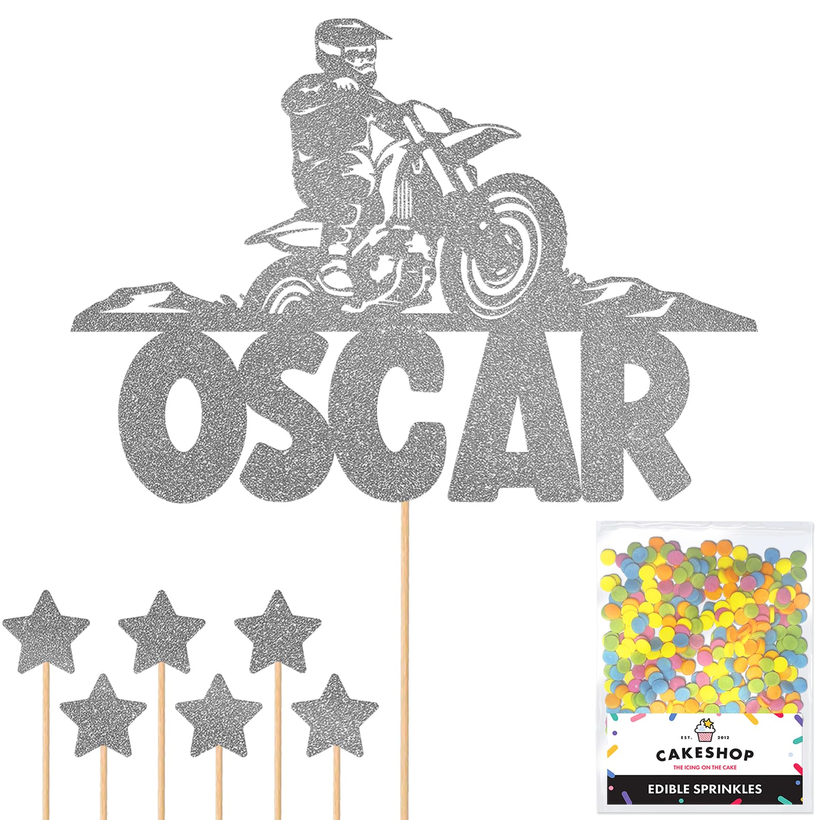 Personalised Dirt Bike Motorbike Racing Glitter Cake Topper - Dark Silver Custom Name Glitter Cake Decoration and Sprinkles - Happy Birthday Decorations - Personalised Toppers for Cakes by Cakeshop