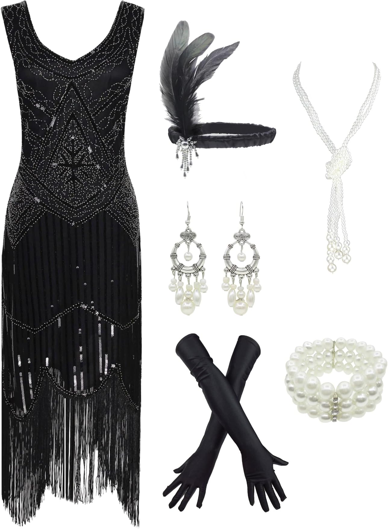 1920s Gatsby Sequin Fringed Paisley Flapper Dress with 20s Accessories Set
