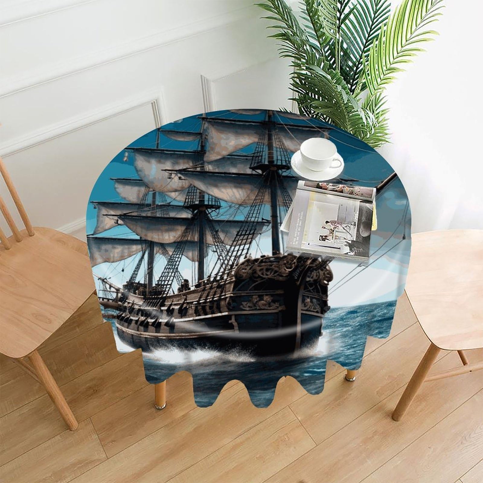 FekiLoot Pirate Ship Round Tablecloth Cover 60 Inch Wrinkle Free Washable Polyester Fabric Table Cover Decorative Round Table Cloth for Home Dining Kitchen Party Farmhouse