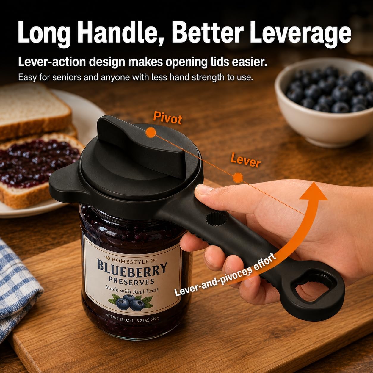 4-in-1 Adjustable Jar & Bottle Opener, Non-Slip Lid Gripper for Weak Hands & Seniors