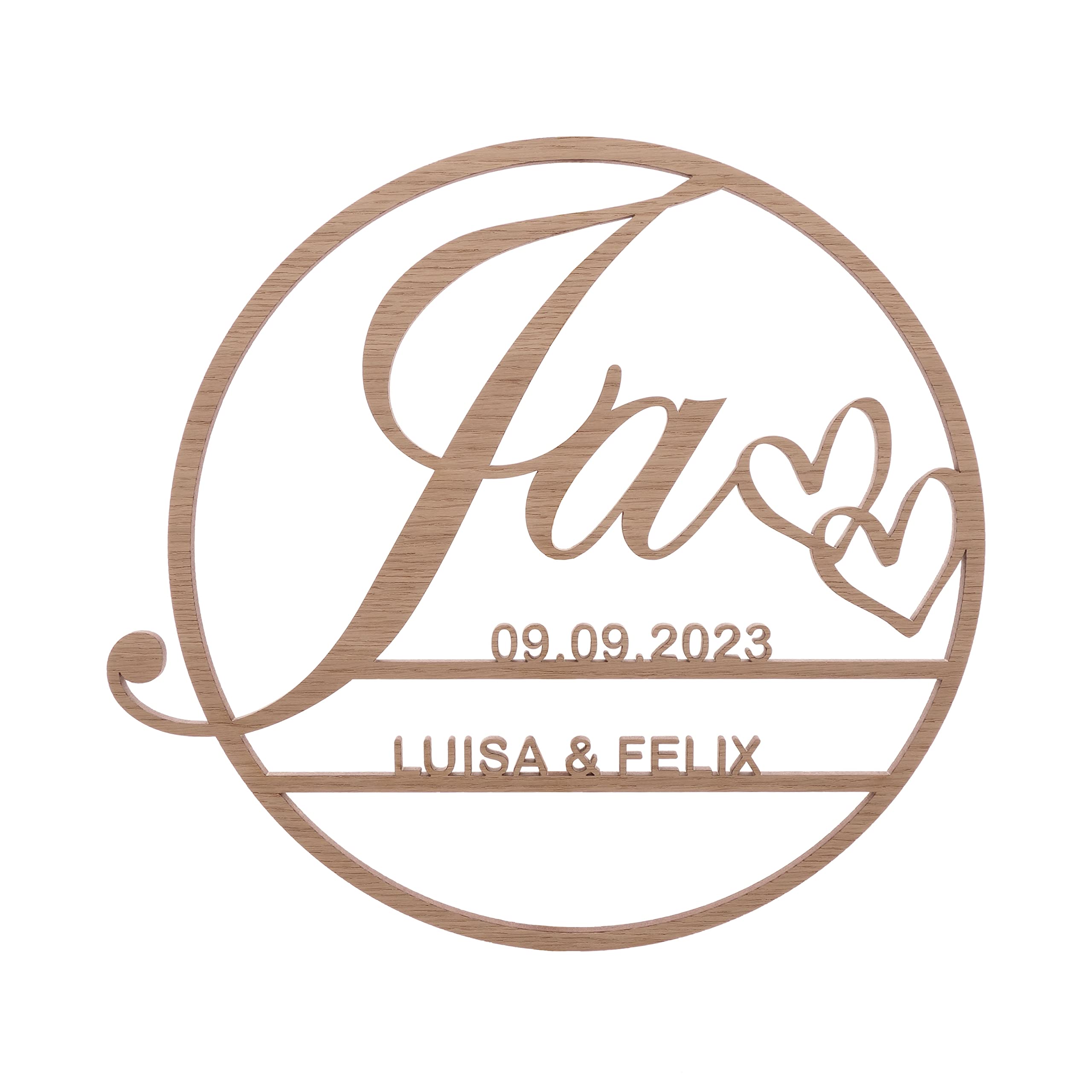Personalisierter Hochzeitskranz aus Holz | mit Namen & Datum | Hochzeitsgeschenk | Geschenkidee zur Hochzeit | Hochzeitsdeko | Pohmer Design (39 x 36 cm, Eiche furniert)