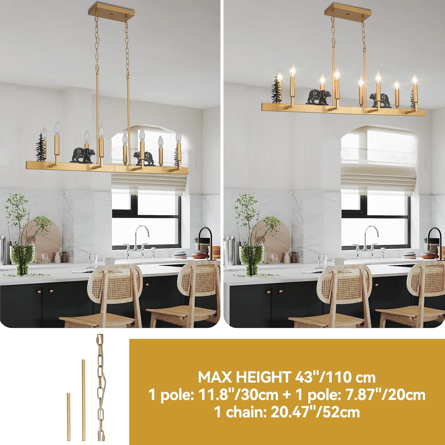 Gold Linear Chandelier, 8-Light Candle Style Farmhouse Iron Chandelier with Tree and Bear Design, Rectangular Chandelier Light Fixture for Dining Room Kitchen Island