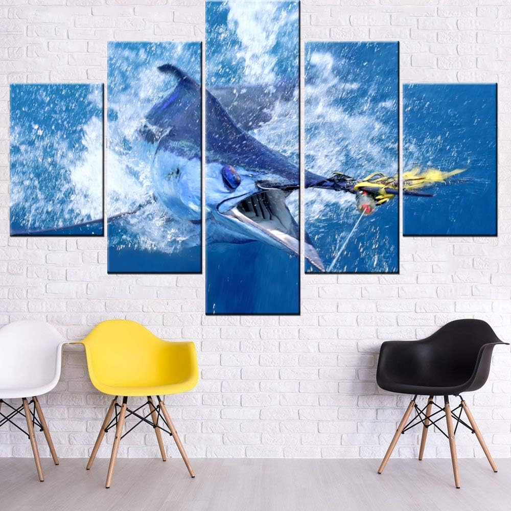 Living Room Decorations for Wall Big Fish Shark Painting Blue Ocean Wave Pictures 5 Piece Canvas Wall Art aquarium Artwork Modern House Decor Framed Posters and Prints Ready to Hang(60''W x 40''H)