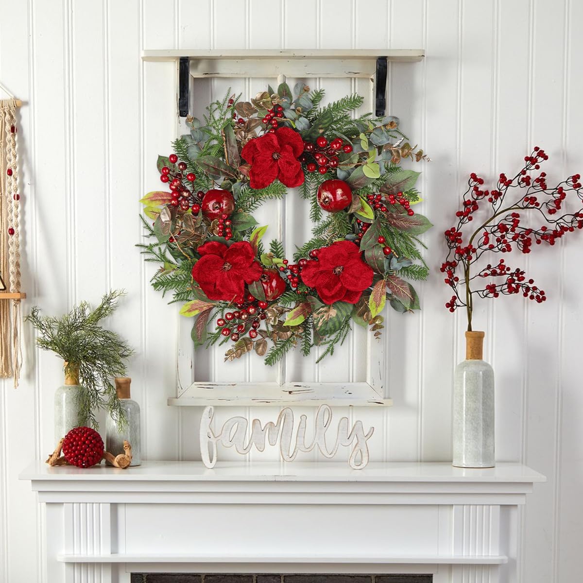 Briful 26'' Dark Red Christmas Wreath for Front Door – Oversized Holiday Xmas Wreath with Berries, Pomegranates, Magnolia, Indoor Mantle Fireplace Decor – Winter Christmas Door Wreaths Outdoor Decor