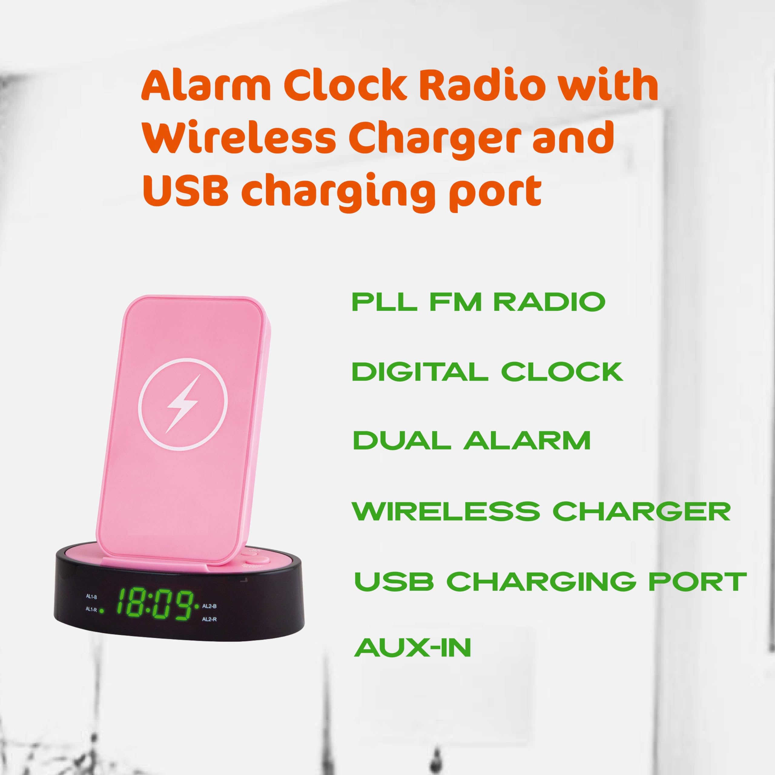HANNLOMAX HX-203Wi PLL FM Radio Alarm Clock with Wireless Charger and 2.4A USB Port for Charging, Aux-in (Pink)