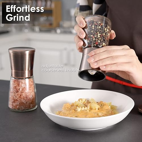 Miniatura 10 de vzaahu Molinillos dorados de sal y pimienta con embudo, cepillo, cubierta dorada ajustable, juego de molinillos de pimienta recargables para