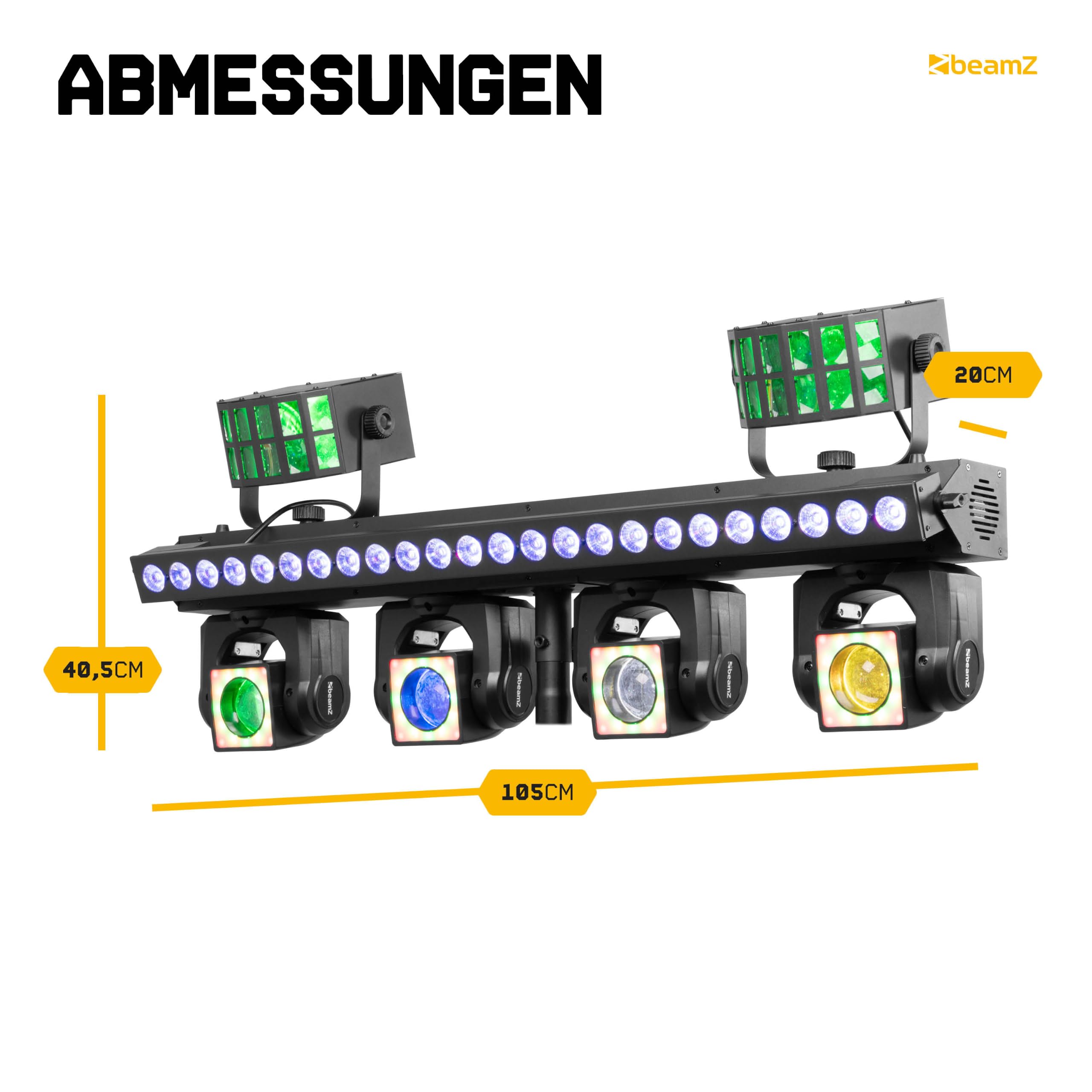 BeamZ ShowBar GO Ultra - LED Partybar, 4x Moving Head, LED Bar Wash Stroboskop, 2x Derbys - DMX Discolicht Partylicht Anlage, Disco Light DJ Equipment - Musikgesteuert, Fernbedienung & Halo-Ring