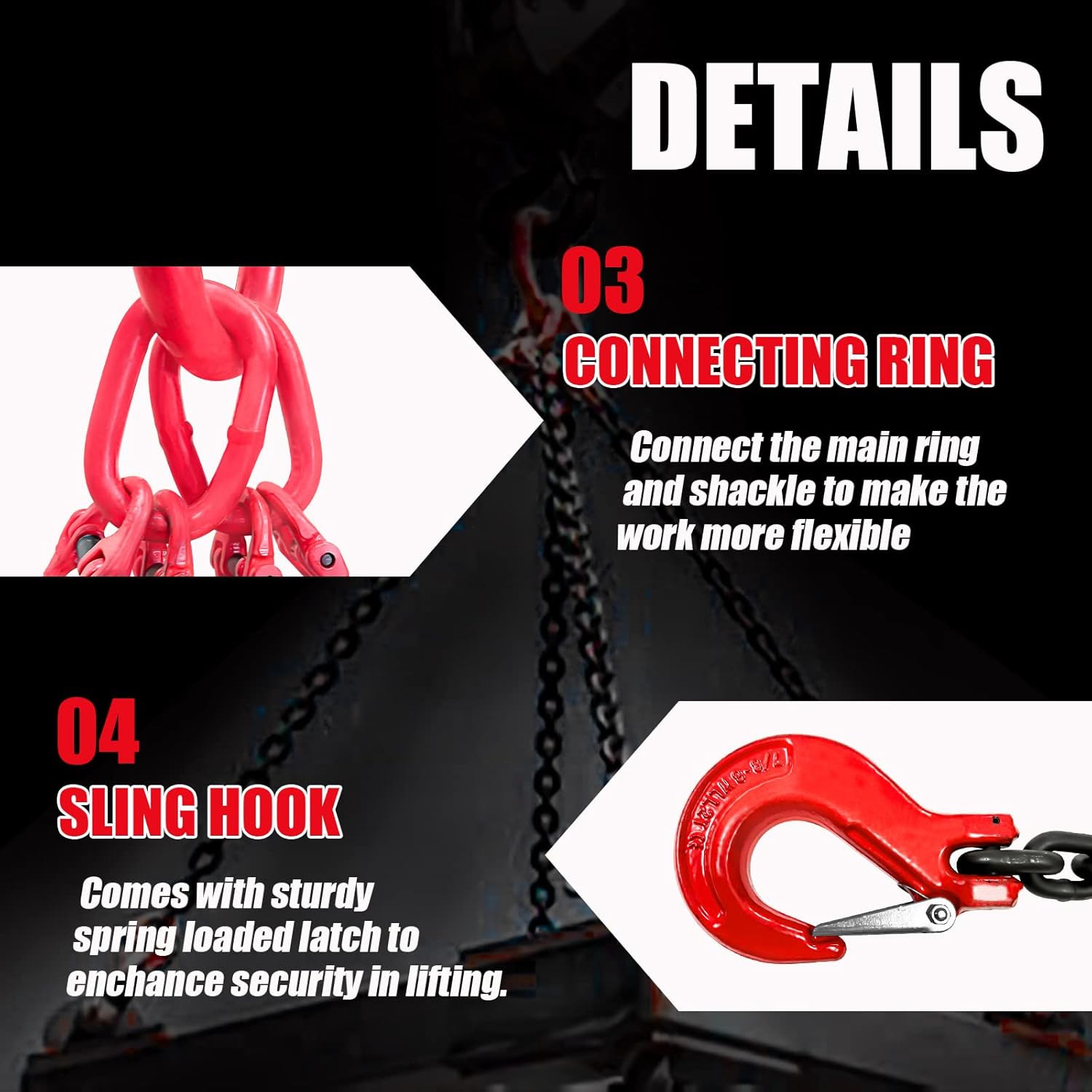 3 Ton 4 Leg Chain Sling 1/4” 5 Ft, G80 Alloy Steel 4 Way Chain Slings Quadruple Leg Slings Lifting with 4 Safety Grab Hooks Heavy Duty for Engine Hoist Lifts… - Image 5