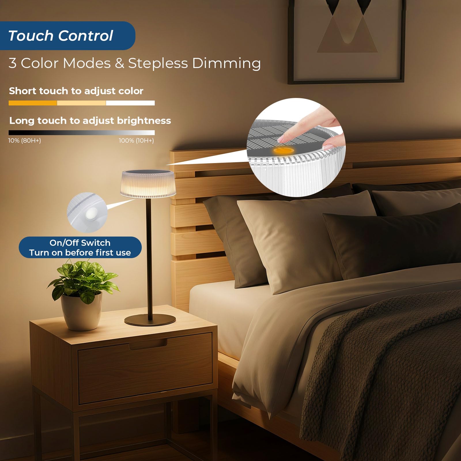 Lot de 2 Lampe de Table Sans Fil, Lampe de Table Extérieure Etanche, Lampe de Bureau LED Tactile avec 3 Couleurs d’Éclairage et Gradation Continue, pour Intérieur et Extérieur